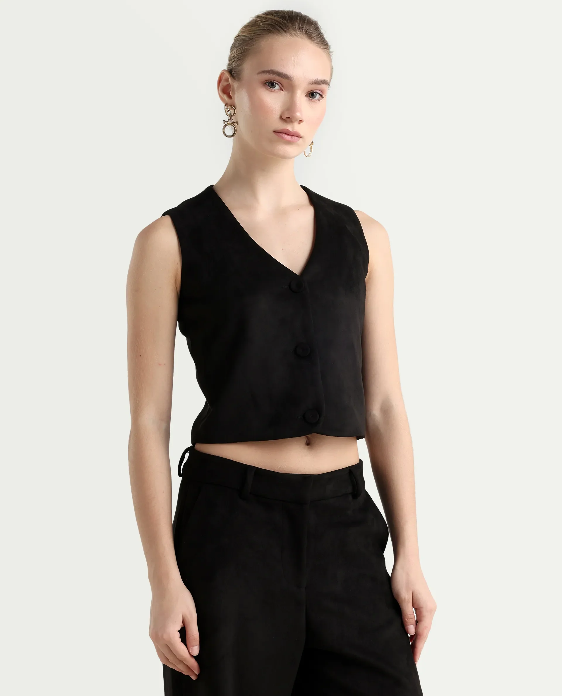 Rareism Women's Niwast-T Black Polyester Blend V-Neck Regular Fit Waist Coat - Image 6