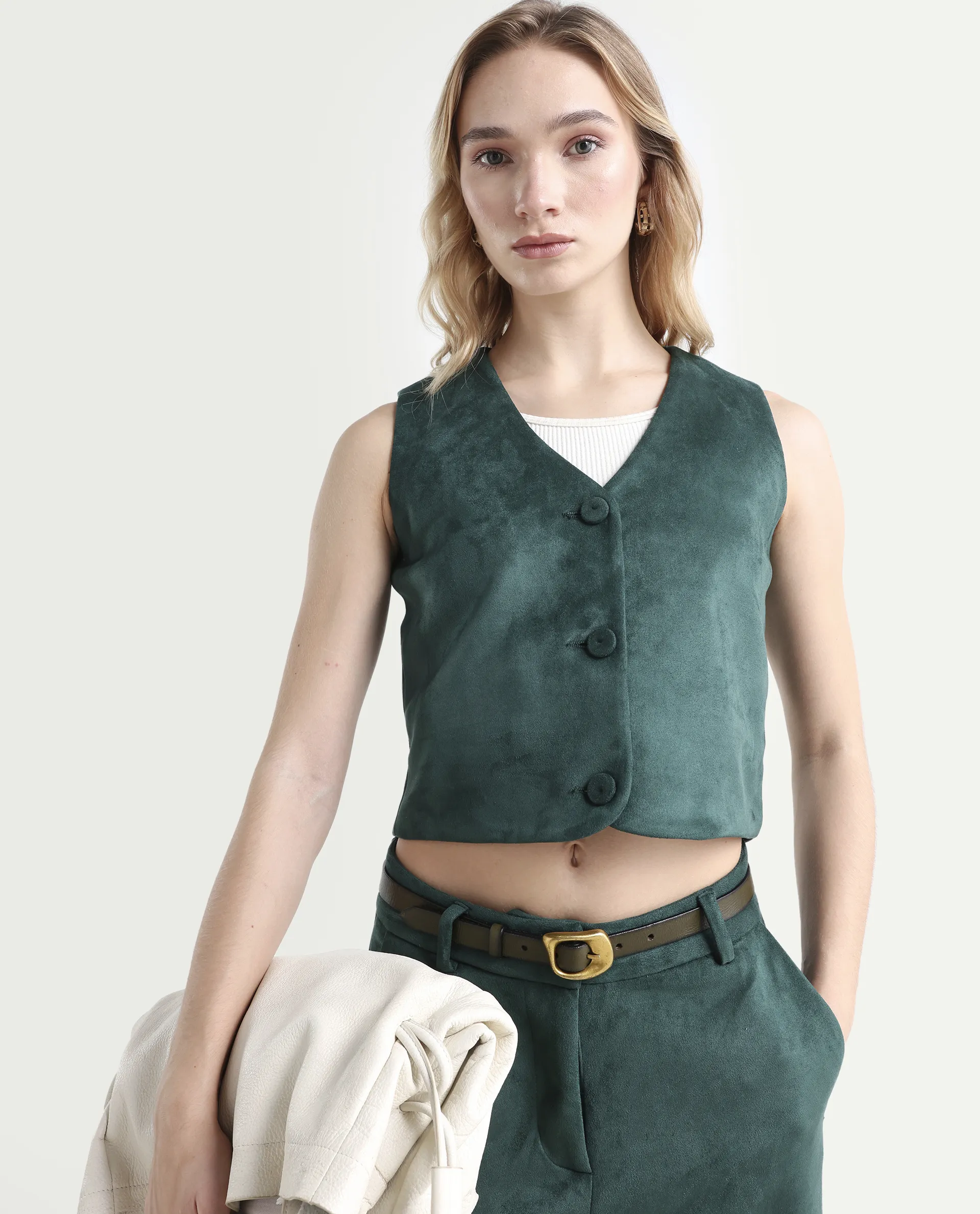 Rareism Women's Niwast-T Green Polyester Blend V-Neck Regular Fit Waist Coat