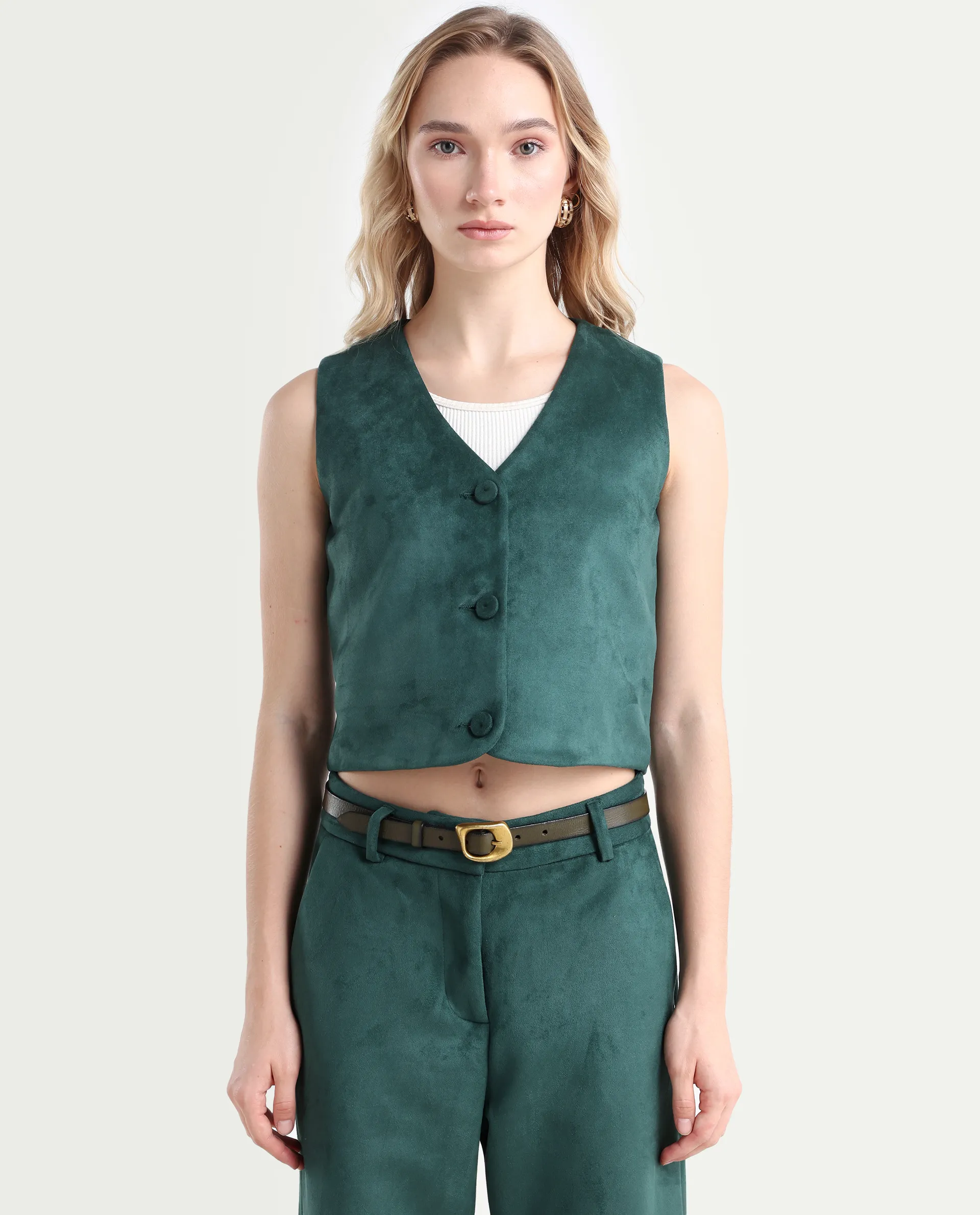 Rareism Women's Niwast-T Green Polyester Blend V-Neck Regular Fit Waist Coat - Image 2