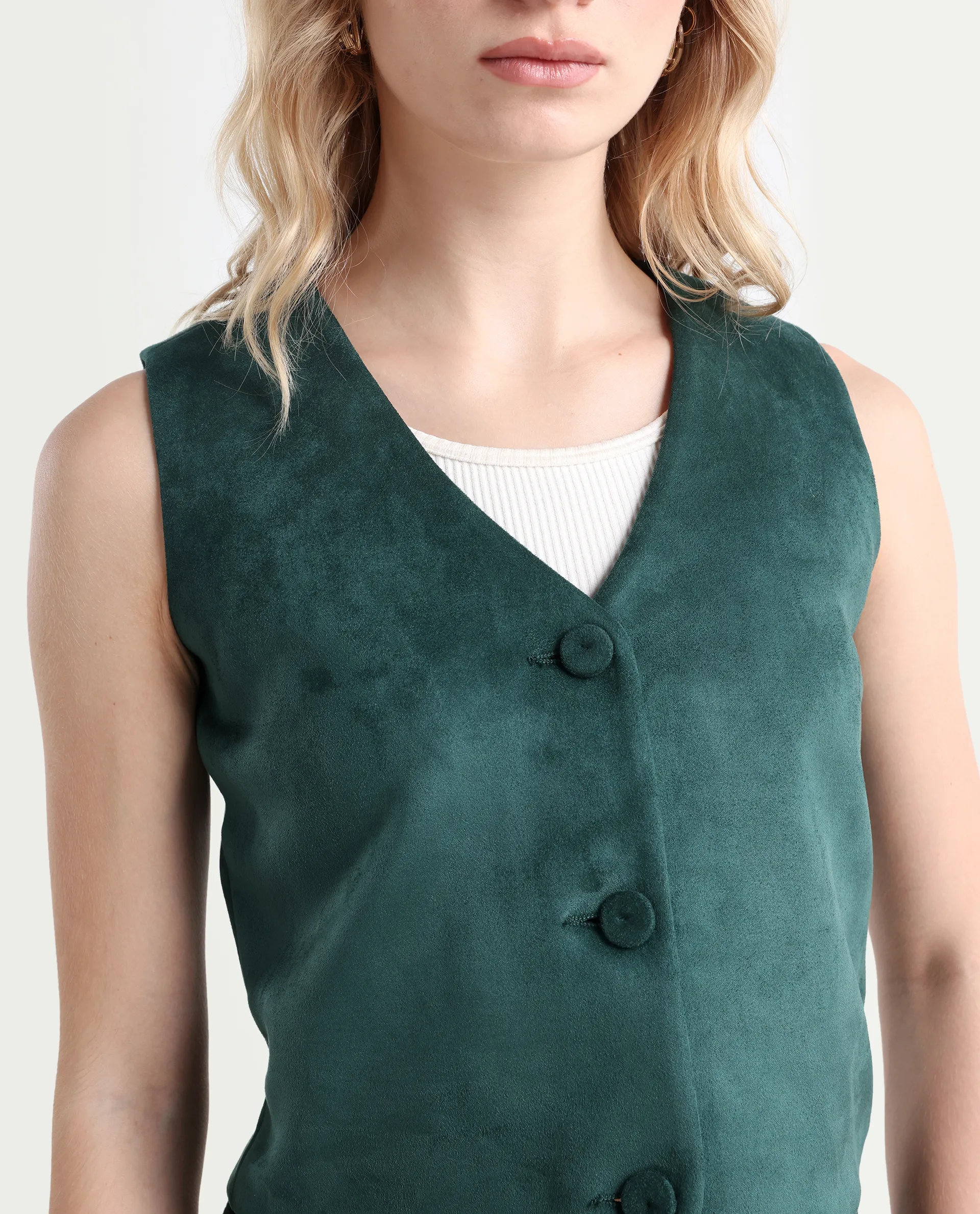 Rareism Women's Niwast-T Green Polyester Blend V-Neck Regular Fit Waist Coat - Image 3