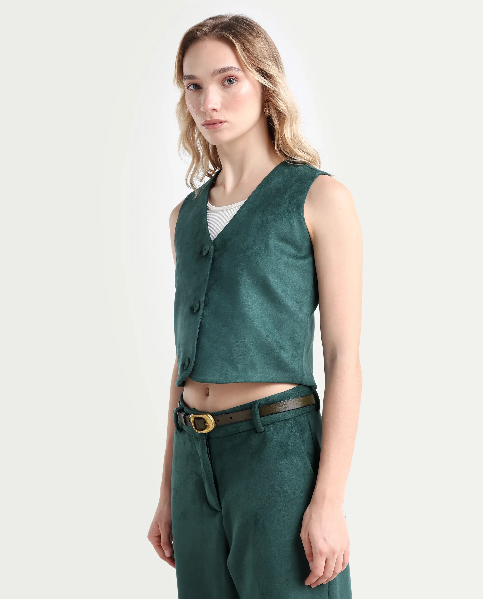 Rareism Women's Niwast-T Green Polyester Blend V-Neck Regular Fit Waist Coat - Image 4