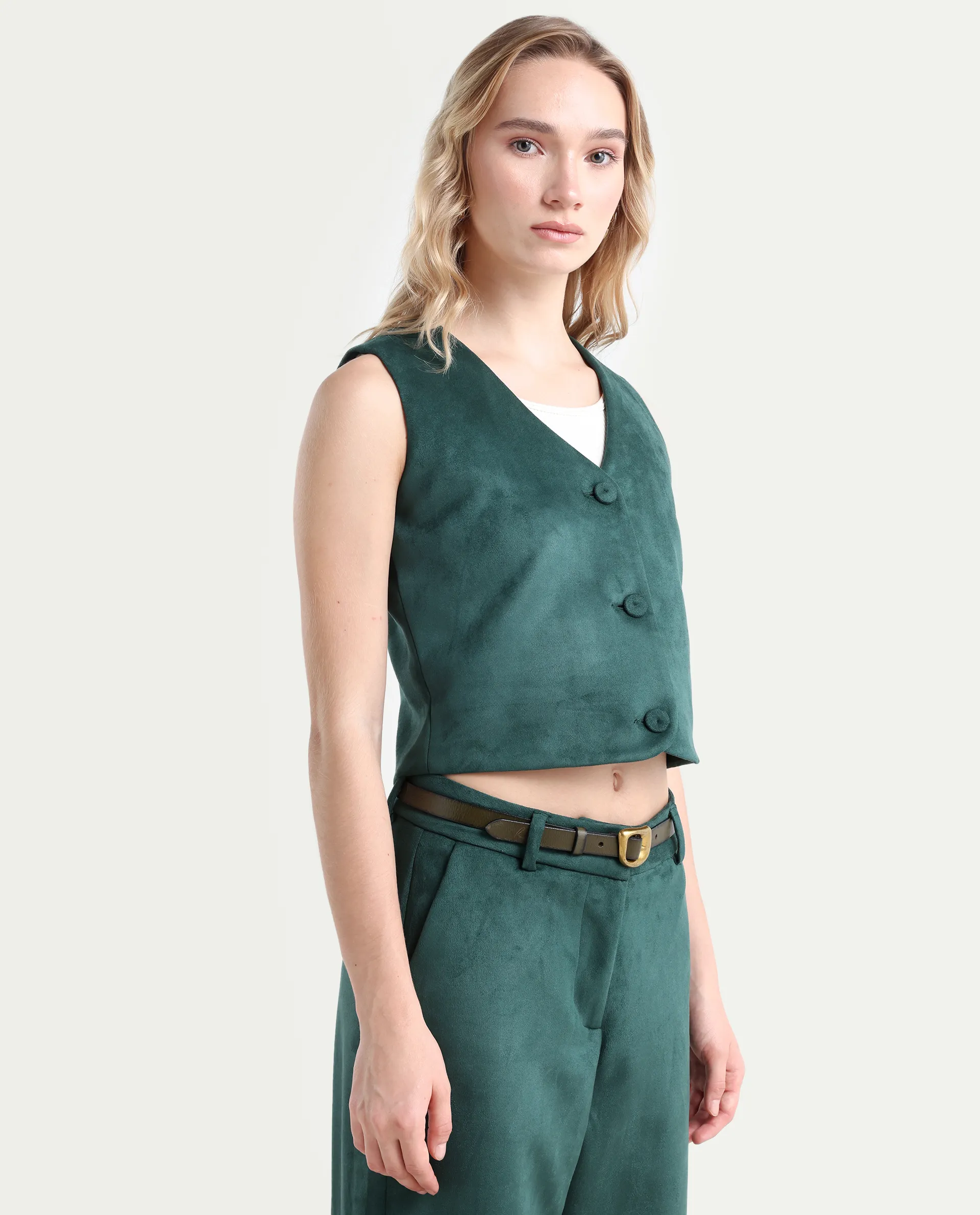 Rareism Women's Niwast-T Green Polyester Blend V-Neck Regular Fit Waist Coat - Image 5