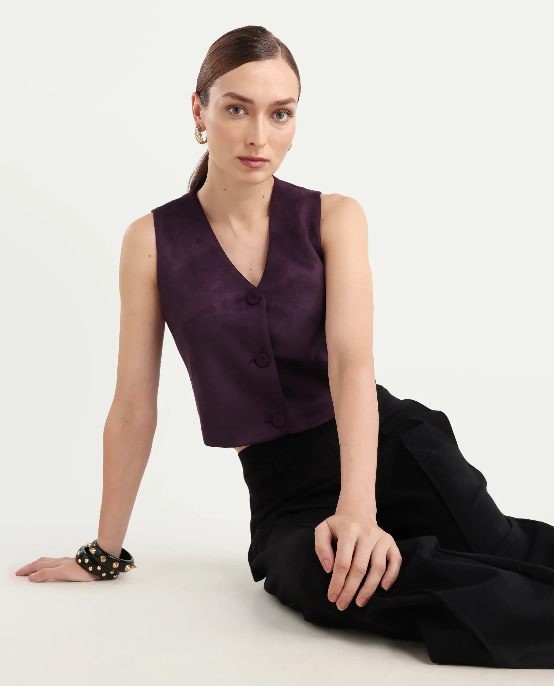Rareism Women's Niwast-T Purple Polyester Blend V-Neck Regular Fit Waist Coat