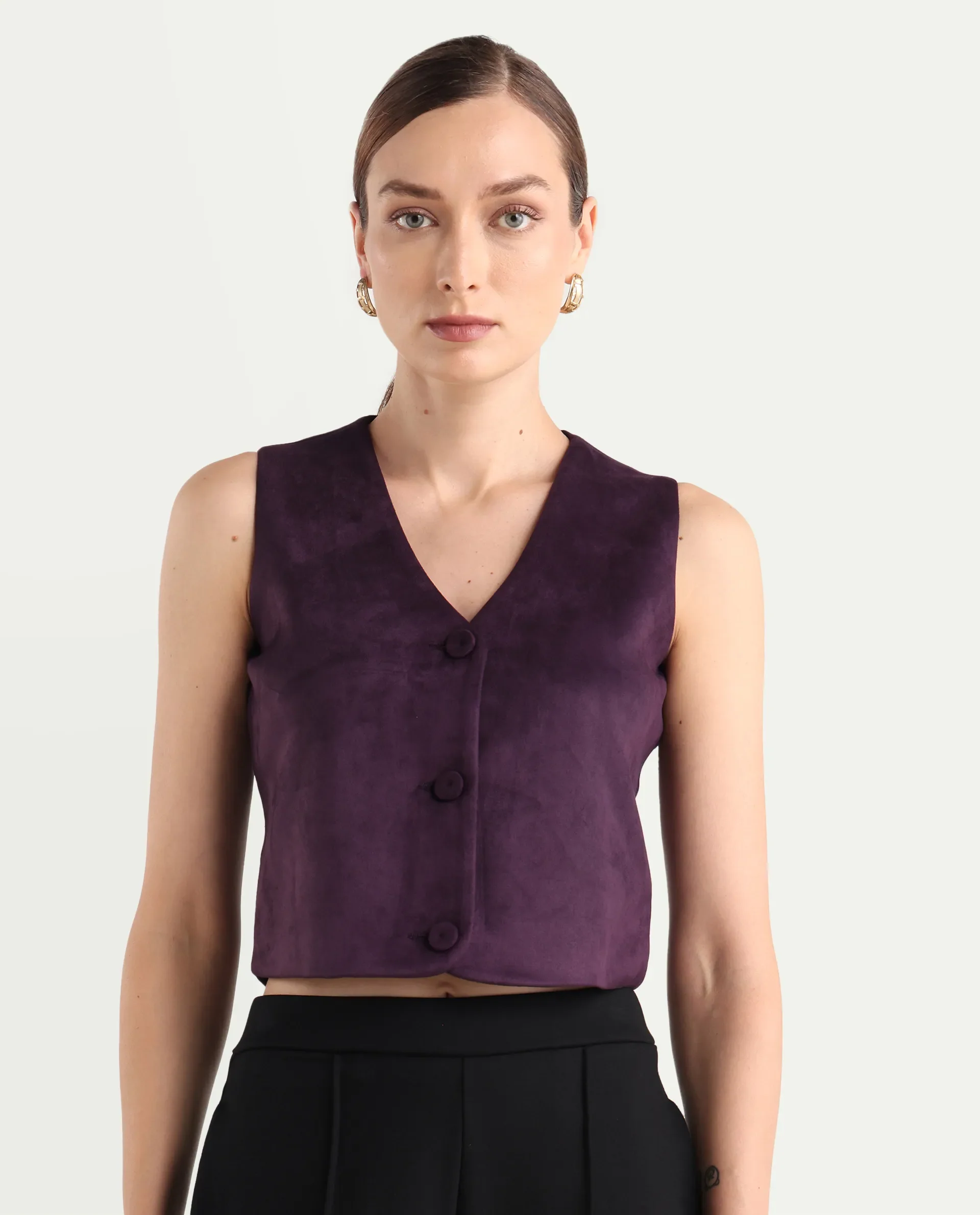 Rareism Women's Niwast-T Purple Polyester Blend V-Neck Regular Fit Waist Coat - Image 3