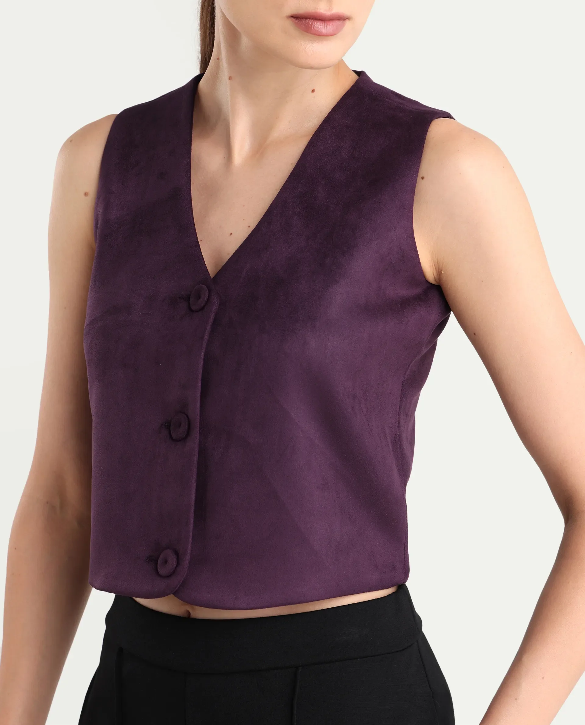 Rareism Women's Niwast-T Purple Polyester Blend V-Neck Regular Fit Waist Coat - Image 4