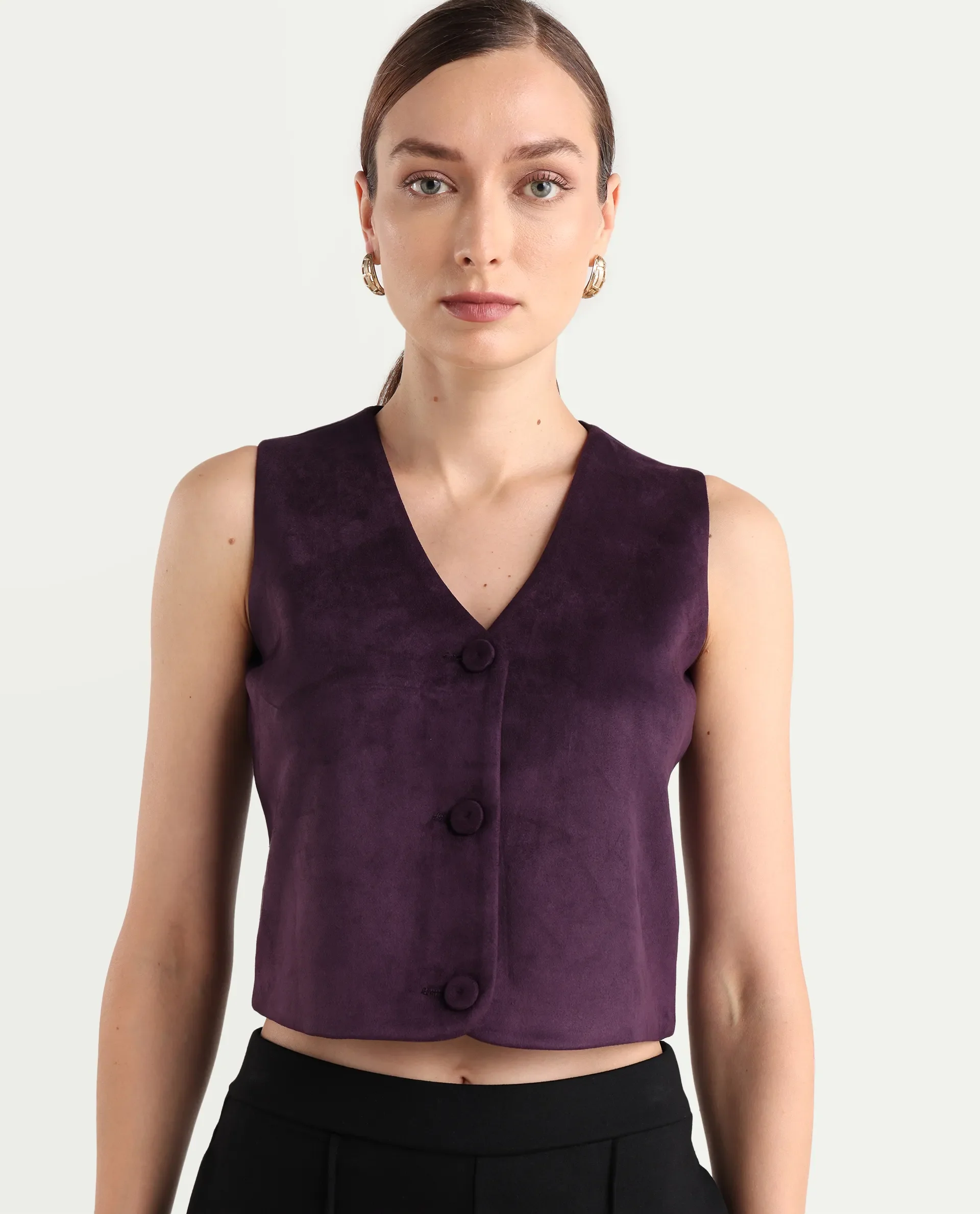 Rareism Women's Niwast-T Purple Polyester Blend V-Neck Regular Fit Waist Coat - Image 5