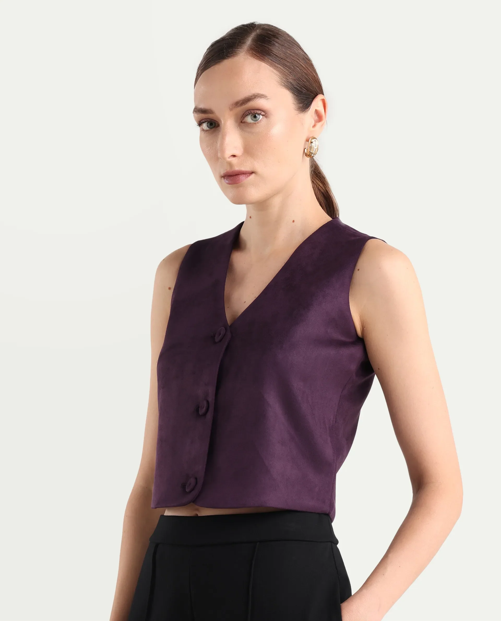 Rareism Women's Niwast-T Purple Polyester Blend V-Neck Regular Fit Waist Coat - Image 6