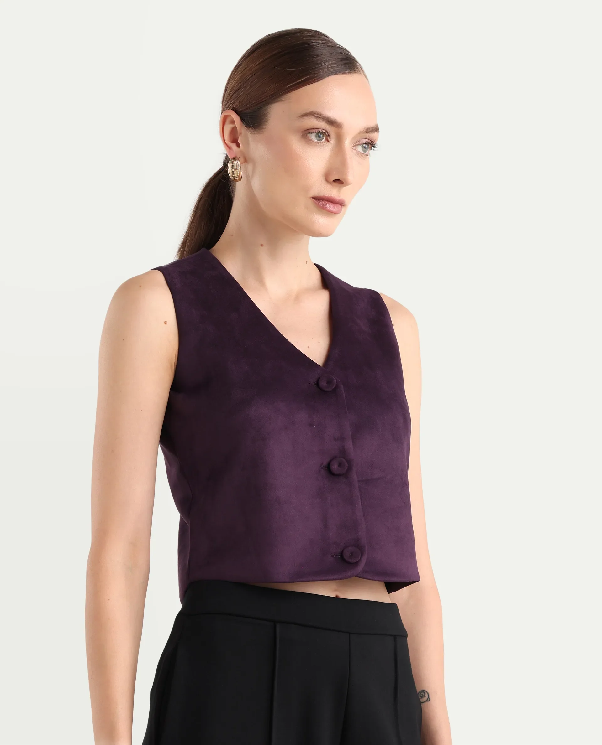 Rareism Women's Niwast-T Purple Polyester Blend V-Neck Regular Fit Waist Coat - Image 7