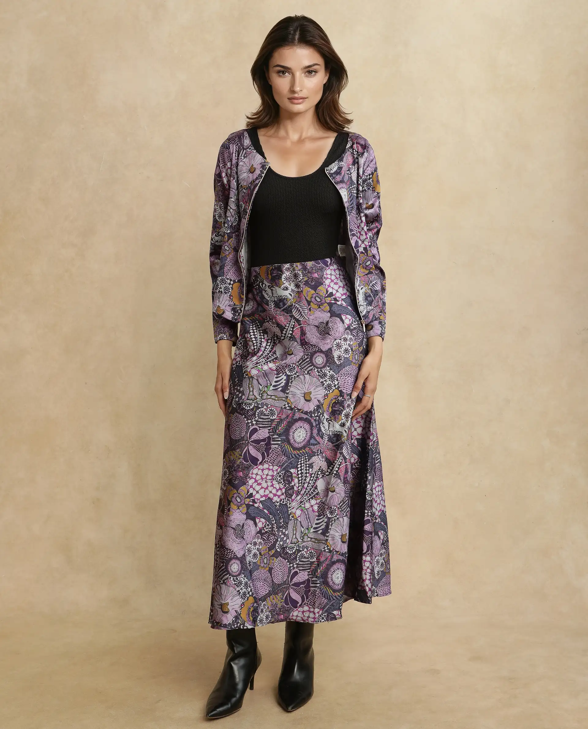 Rareism Women's Niyan Multi Satin Abstract Print Ankle Length Regular Fit Skirt