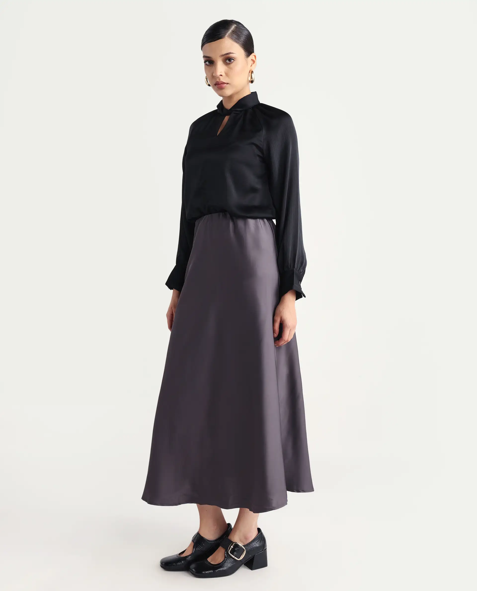 Rareism Women's Niyano Grey Satin Plain Ankle Length Regular Fit Skirt - Image 2