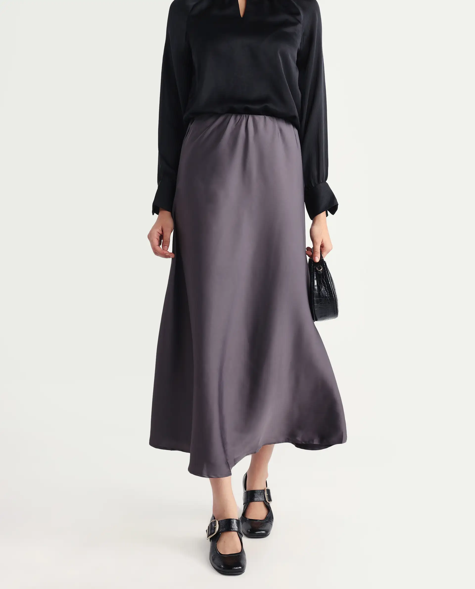 Rareism Women's Niyano Grey Satin Plain Ankle Length Regular Fit Skirt - Image 3