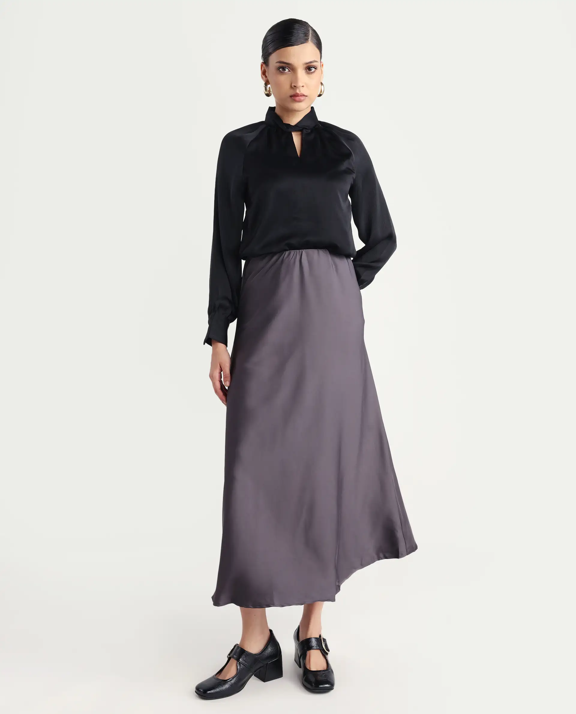 Rareism Women's Niyano Grey Satin Plain Ankle Length Regular Fit Skirt - Image 5