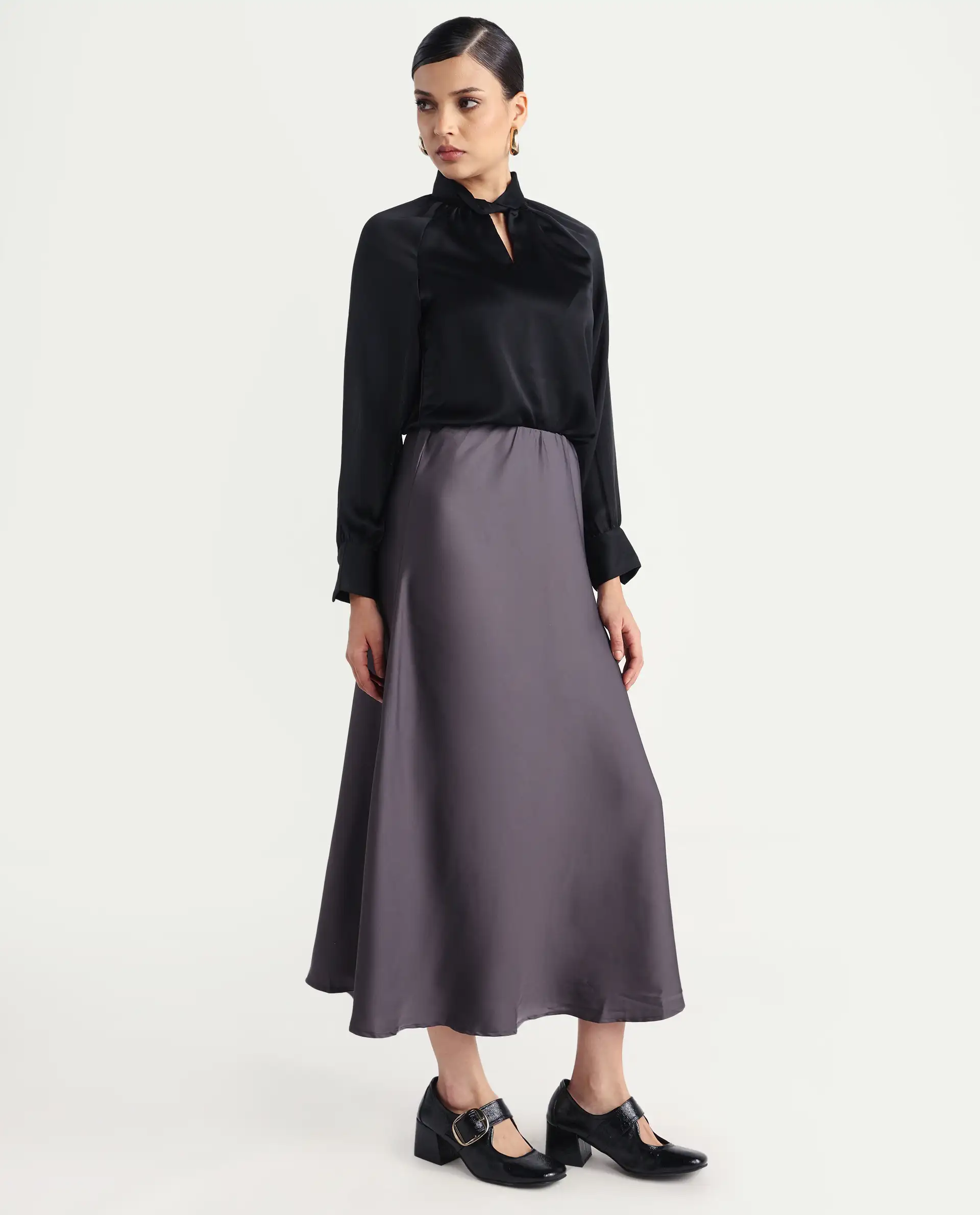 Rareism Women's Niyano Grey Satin Plain Ankle Length Regular Fit Skirt - Image 6