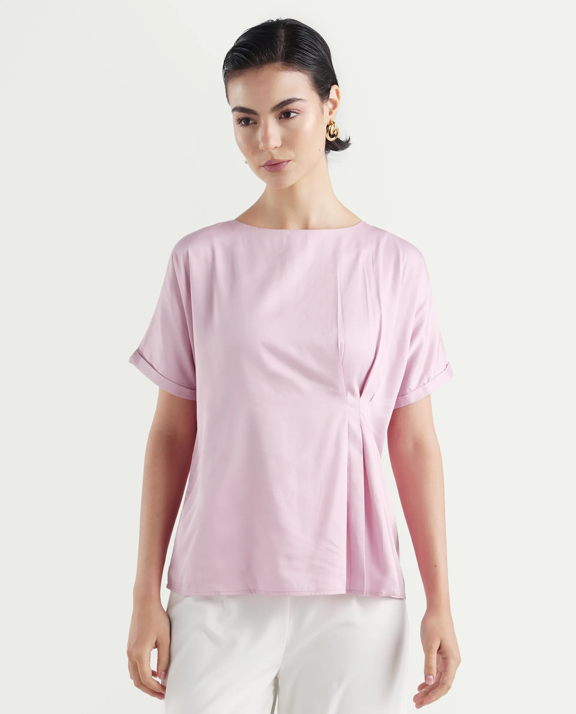 Rareism Women's Niyol Dusky Pink Cotton Blend Round Neck Regular Fit Plain Top - Image 3