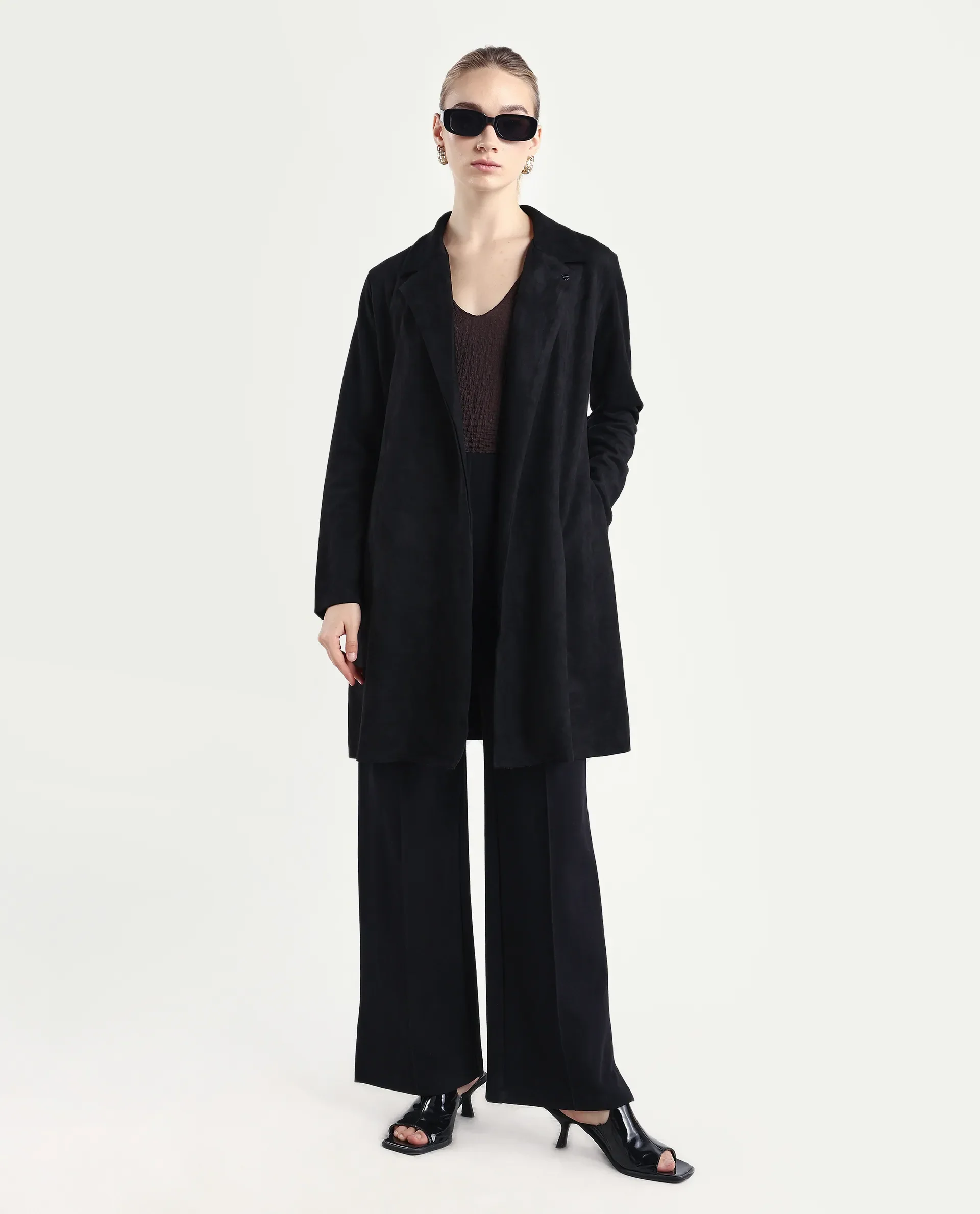 Rareism Women's Nizara Black Polyester Blend Lapel Neck Regular Fit Coat - Image 2
