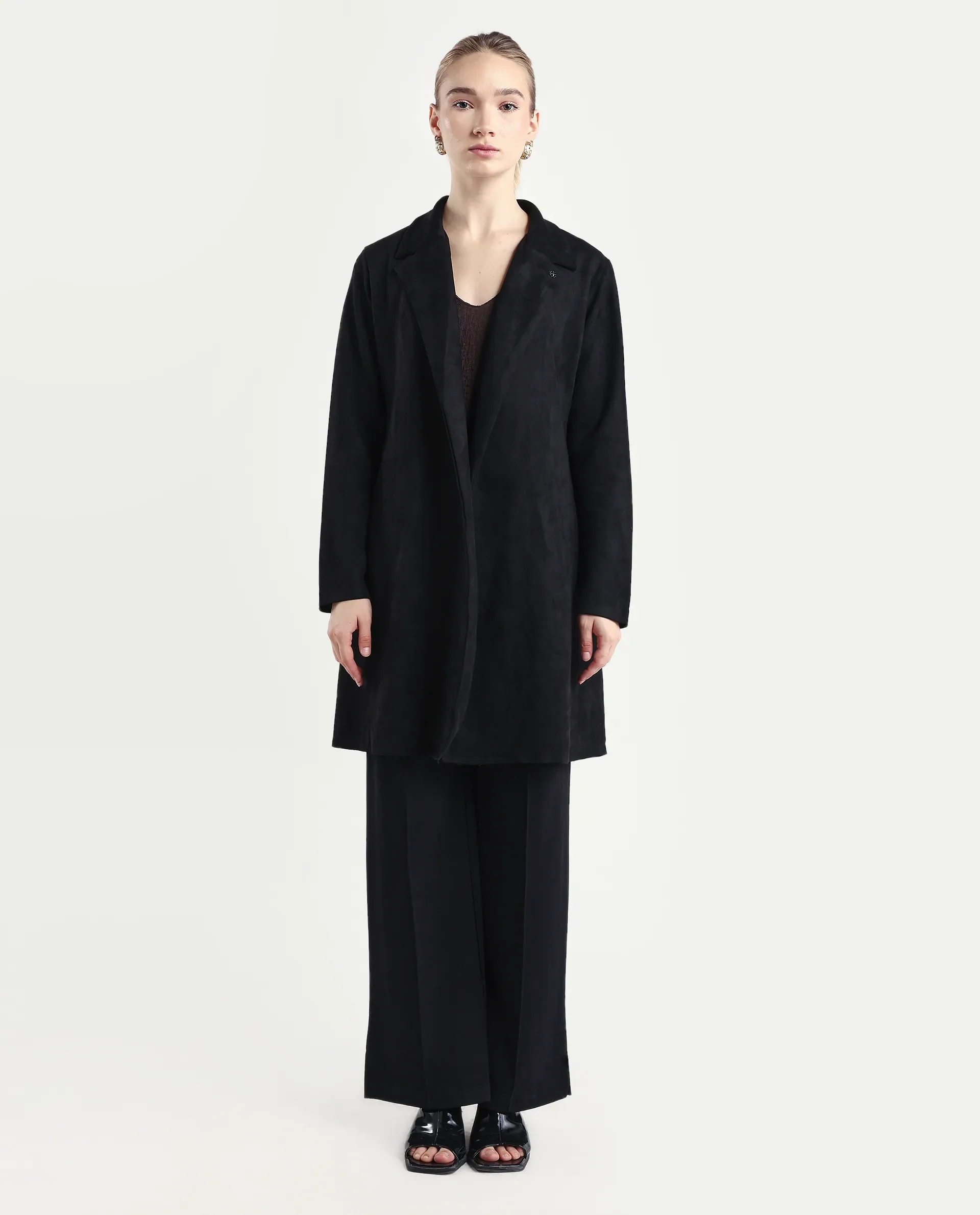 Rareism Women's Nizara Black Polyester Blend Lapel Neck Regular Fit Coat - Image 3