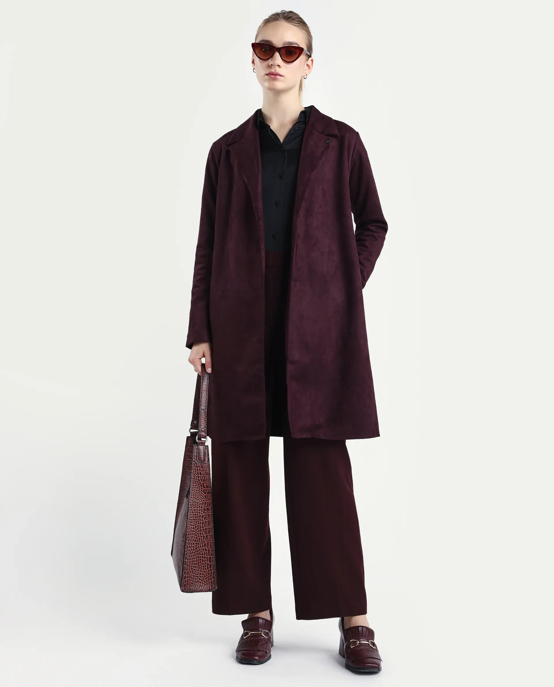 Rareism Women's Nizara Prune Polyester Blend Lapel Neck Regular Fit Coat - Image 2