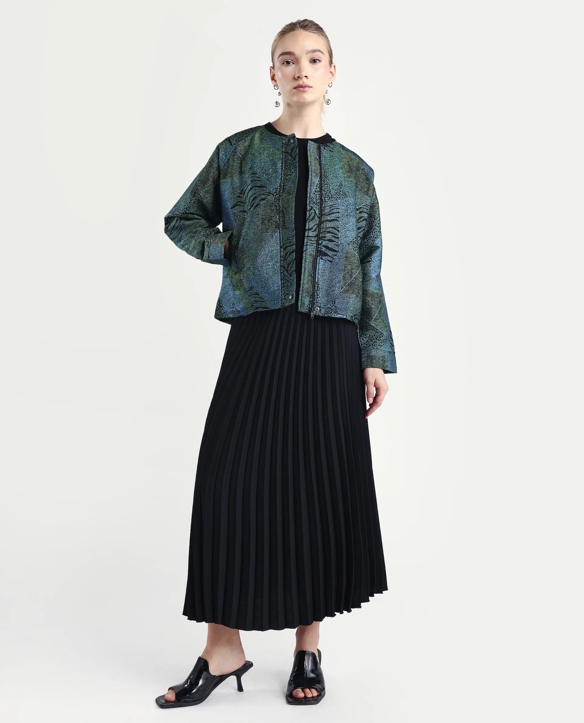 Rareism Women's Nizig Blue Polyester Blend Relaxed Fit Jacquard Jacket