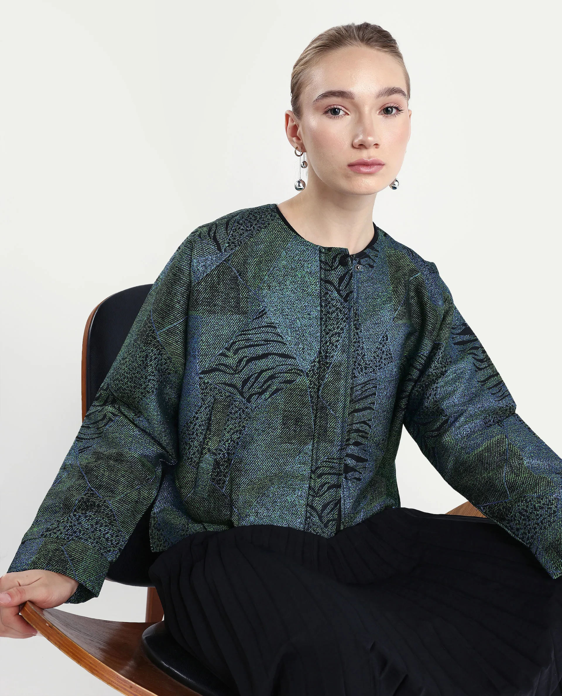 Rareism Women's Nizig Blue Polyester Blend Relaxed Fit Jacquard Jacket - Image 2