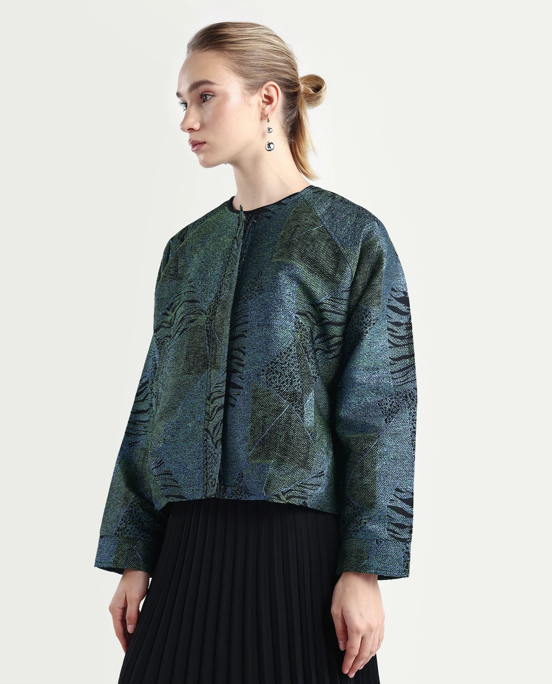 Rareism Women's Nizig Blue Polyester Blend Relaxed Fit Jacquard Jacket - Image 3