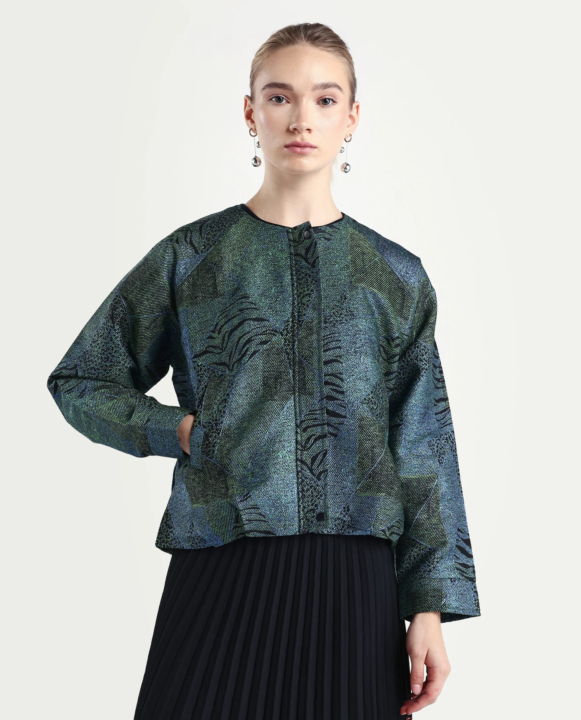 Rareism Women's Nizig Blue Polyester Blend Relaxed Fit Jacquard Jacket - Image 4