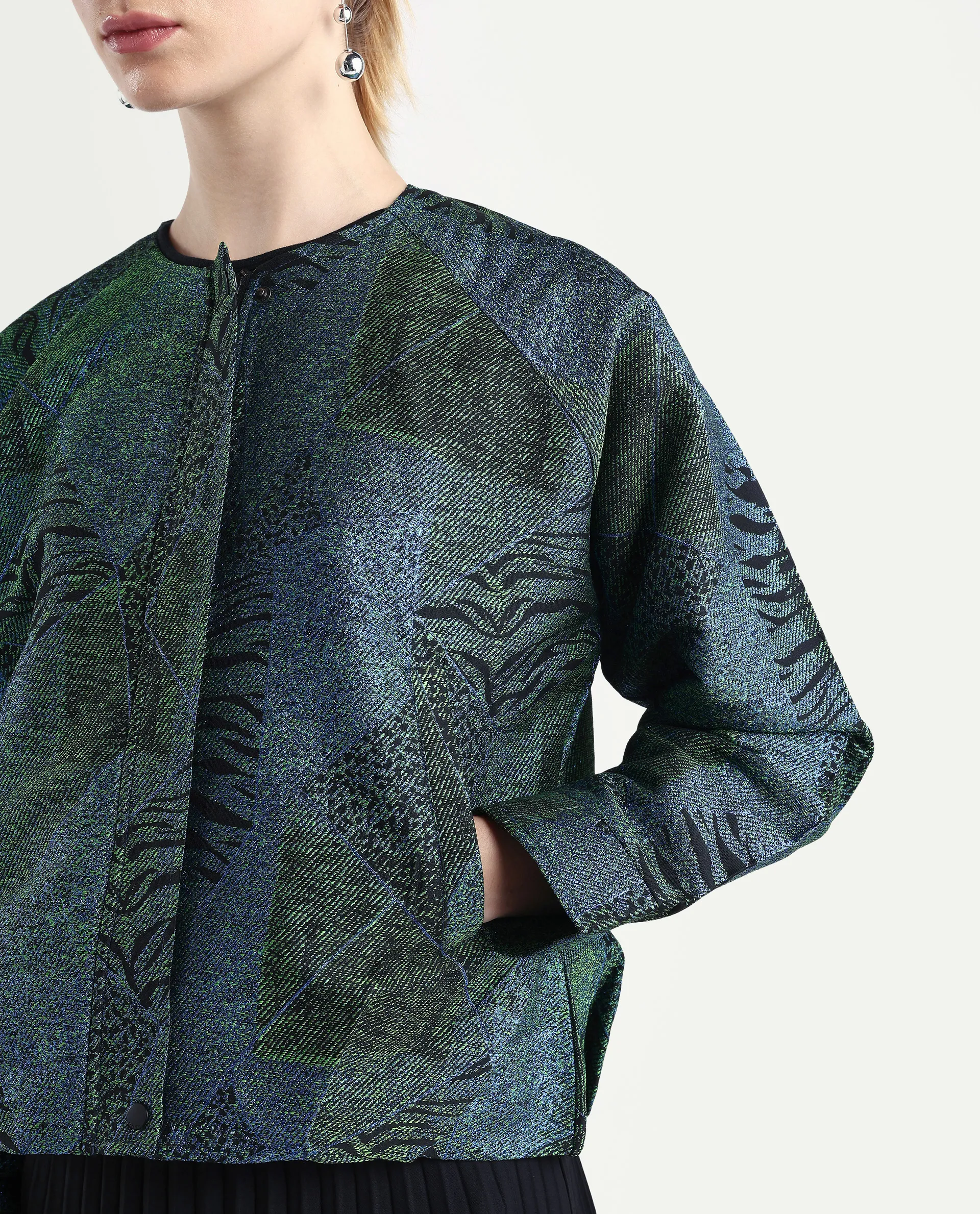 Rareism Women's Nizig Blue Polyester Blend Relaxed Fit Jacquard Jacket - Image 5