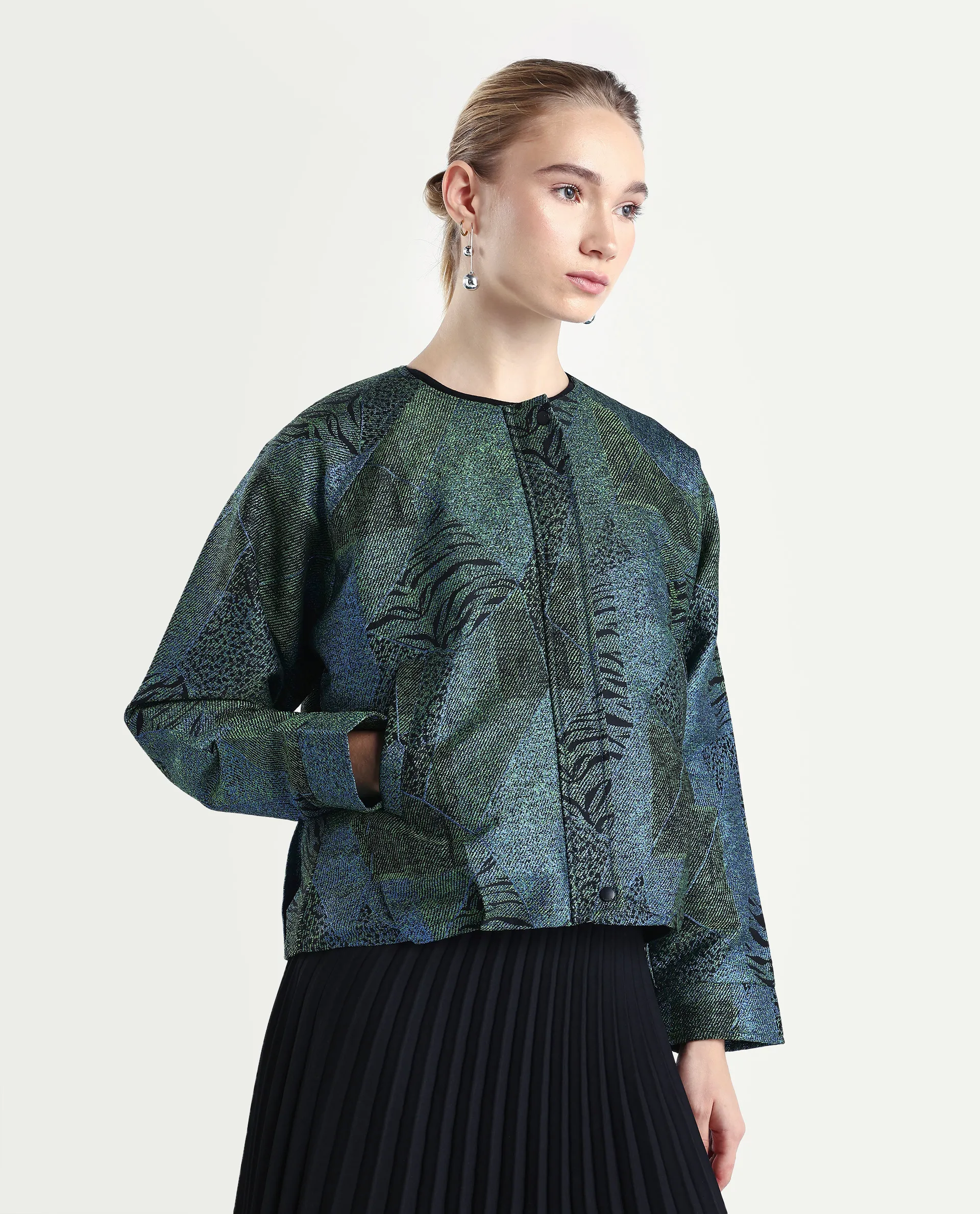 Rareism Women's Nizig Blue Polyester Blend Relaxed Fit Jacquard Jacket - Image 6
