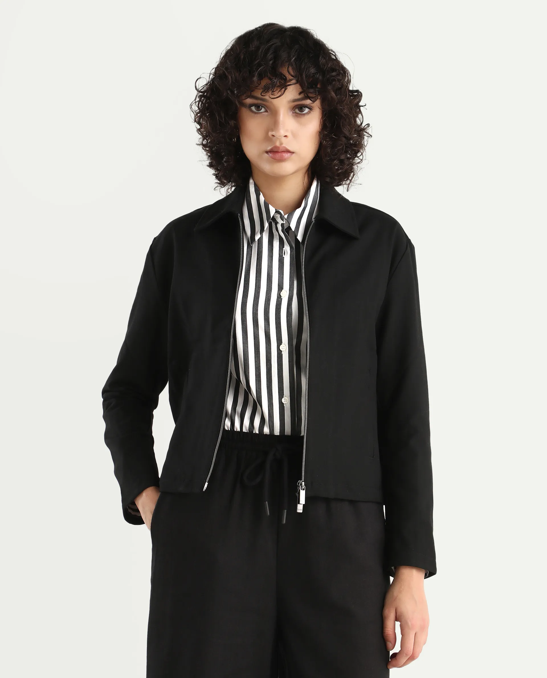 Rareism Women's Nizlo Black Polyester Blend Spread Collar Regular Plain Jacket - Image 3