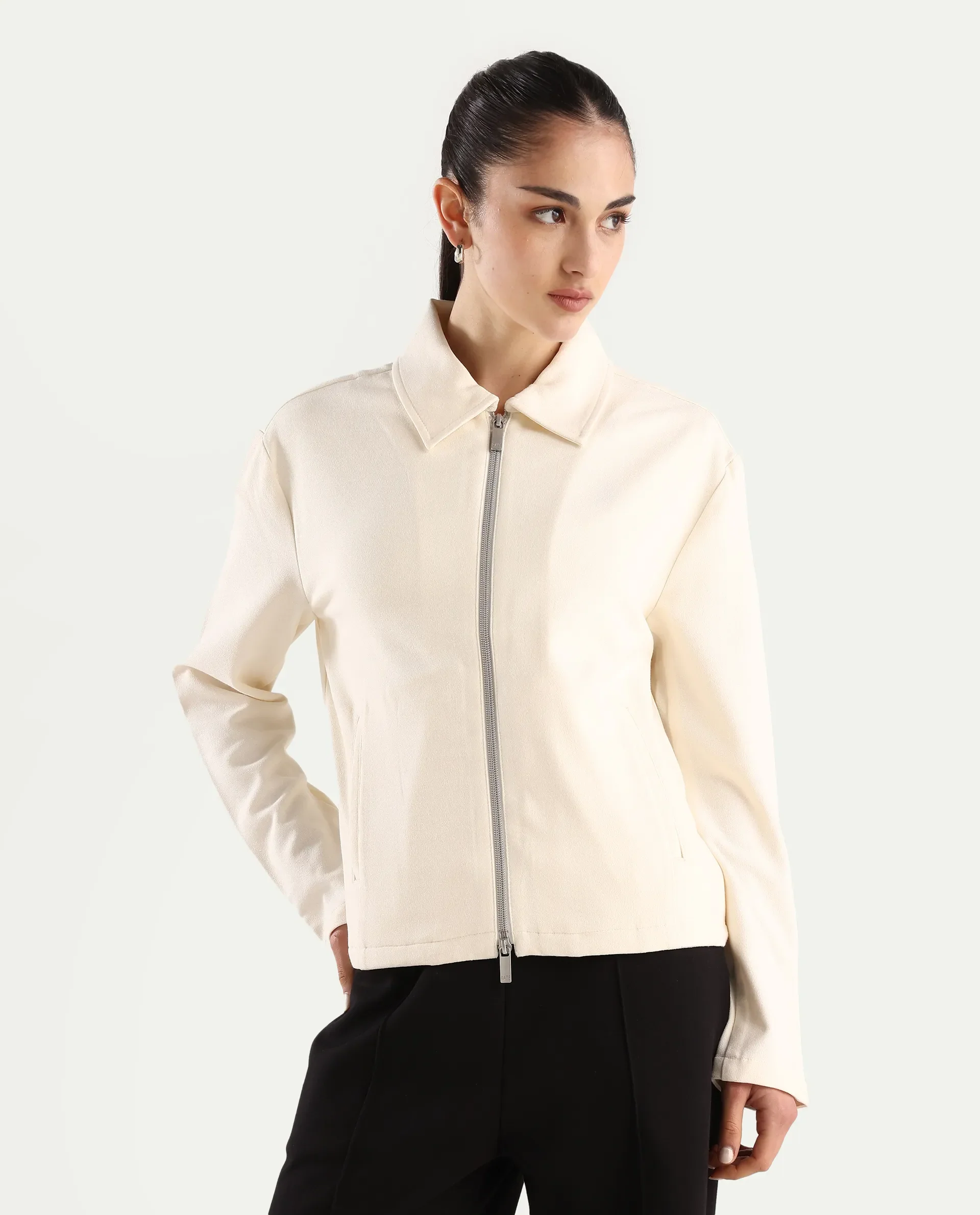Rareism Women's Nizlo Off White Polyester Blend Spread Collar Regular Plain Jacket - Image 3
