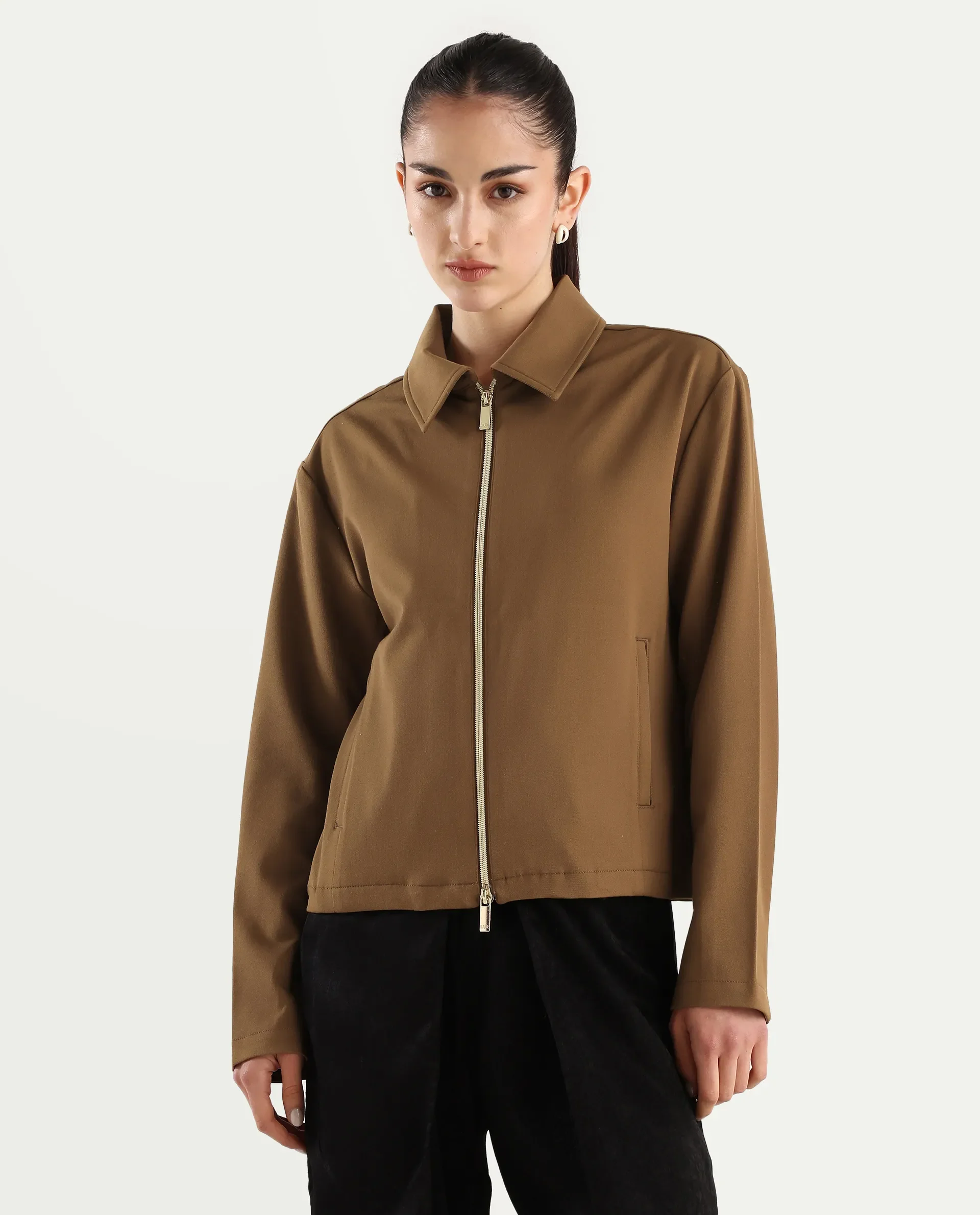 Rareism Women's Nizloz Light Brown Polyester Blend Spread Collar Regular Plain Jacket - Image 3
