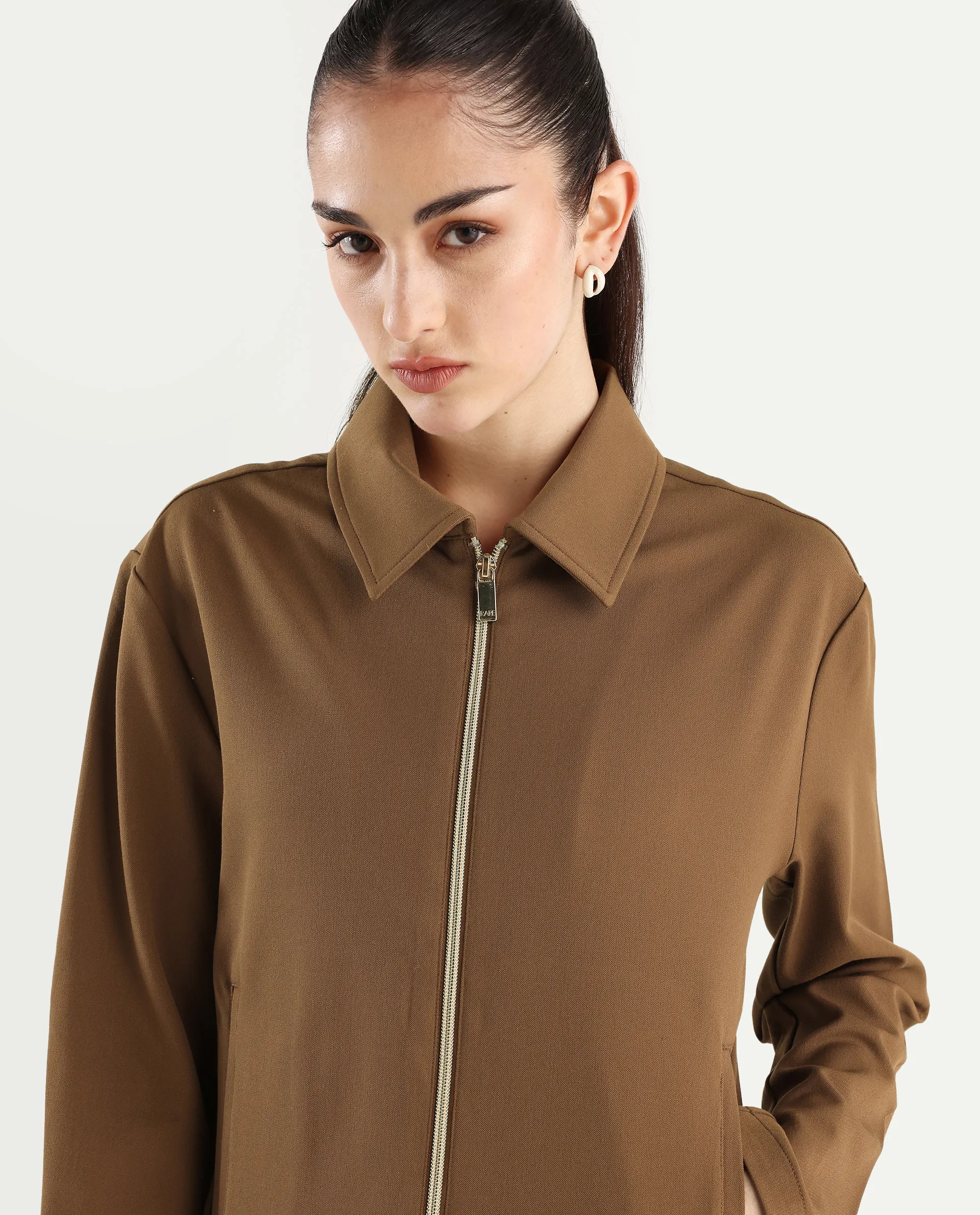 Rareism Women's Nizloz Light Brown Polyester Blend Spread Collar Regular Plain Jacket - Image 4
