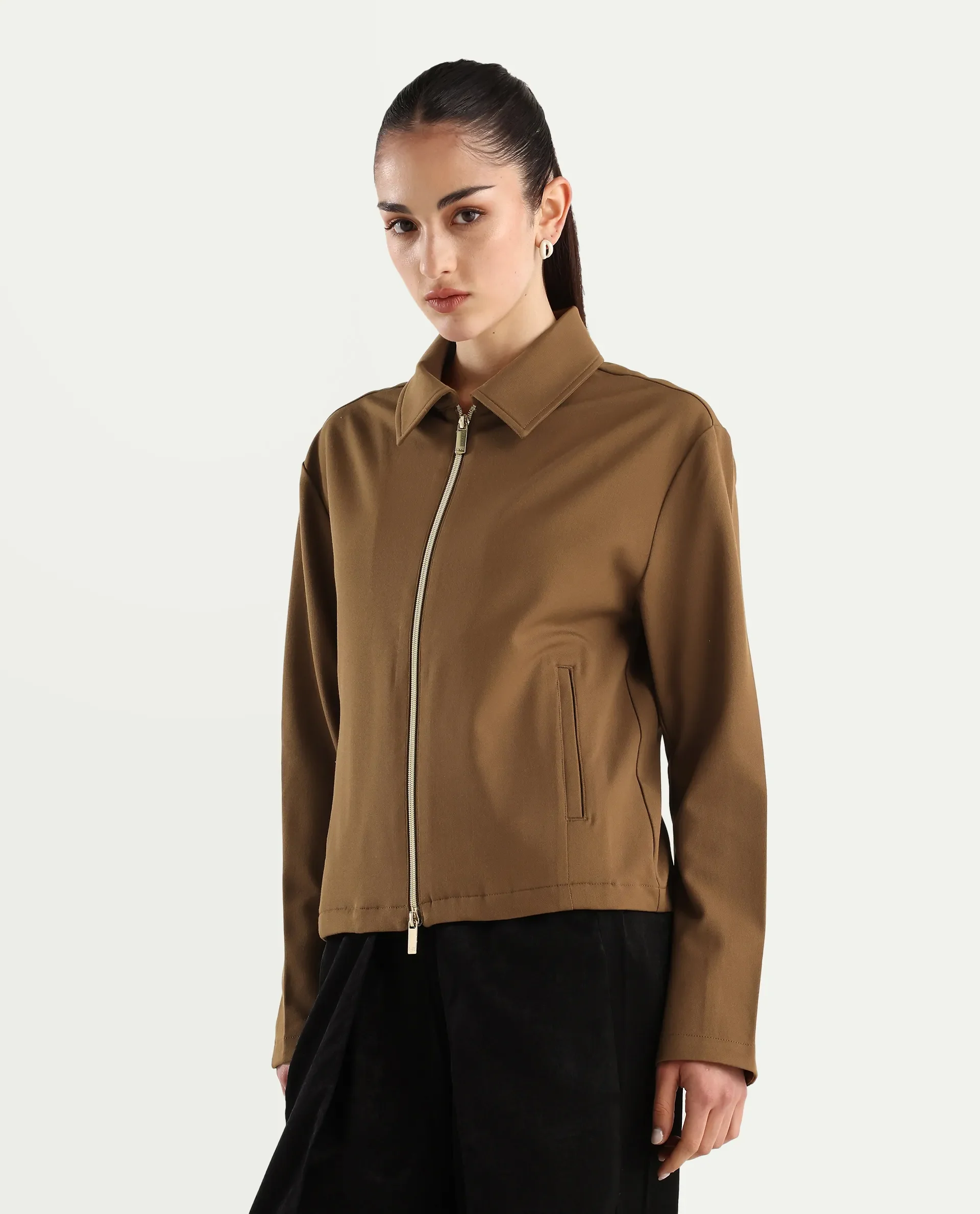 Rareism Women's Nizloz Light Brown Polyester Blend Spread Collar Regular Plain Jacket - Image 6
