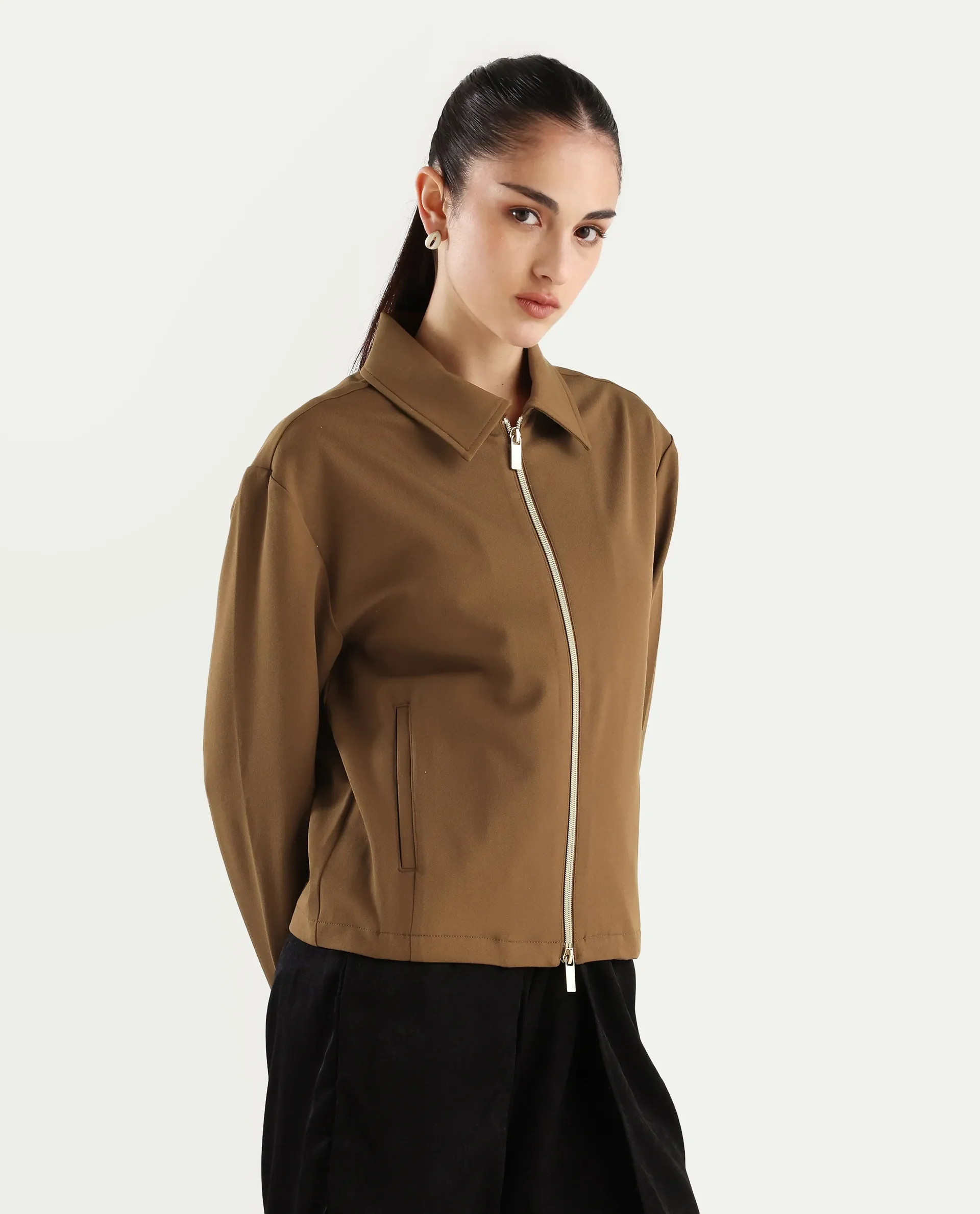 Rareism Women's Nizloz Light Brown Polyester Blend Spread Collar Regular Plain Jacket - Image 7