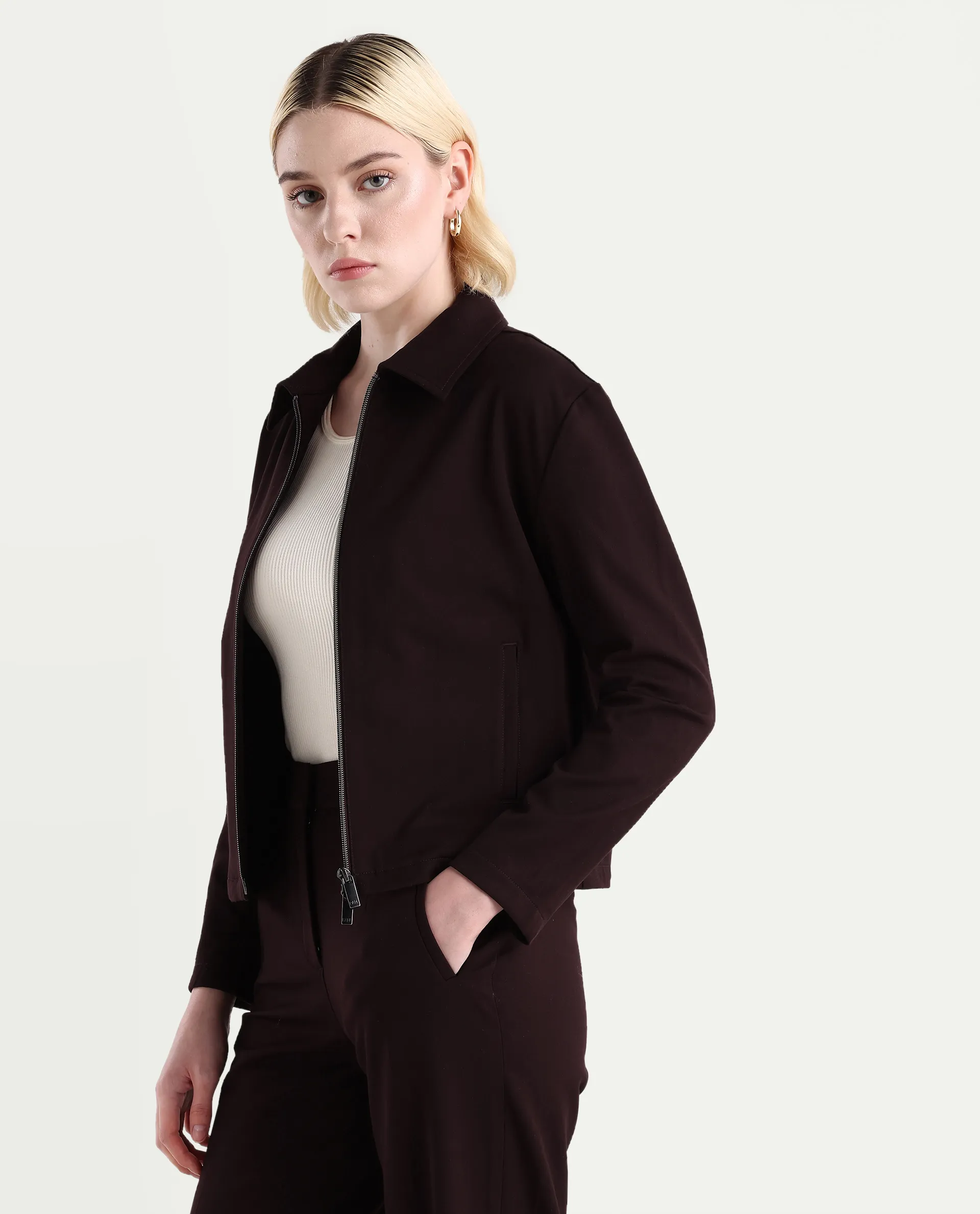 Rareism Women's Nizloz Maroon Polyester Blend Spread Collar Regular Plain Jacket - Image 5