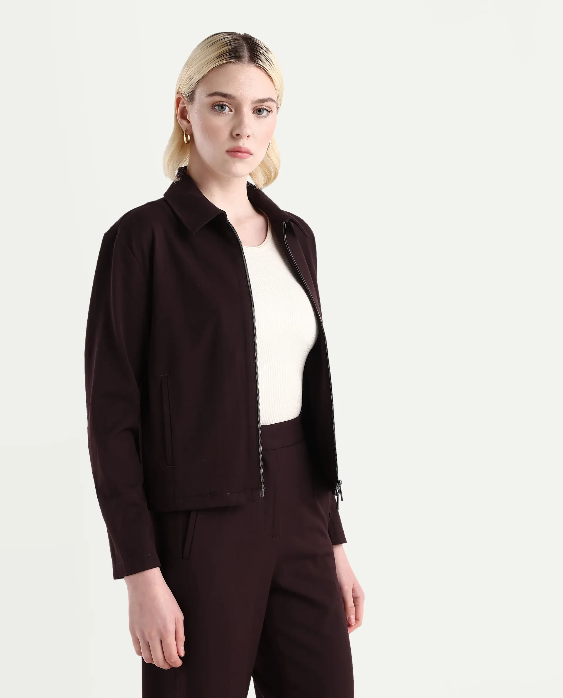 Rareism Women's Nizloz Maroon Polyester Blend Spread Collar Regular Plain Jacket - Image 6