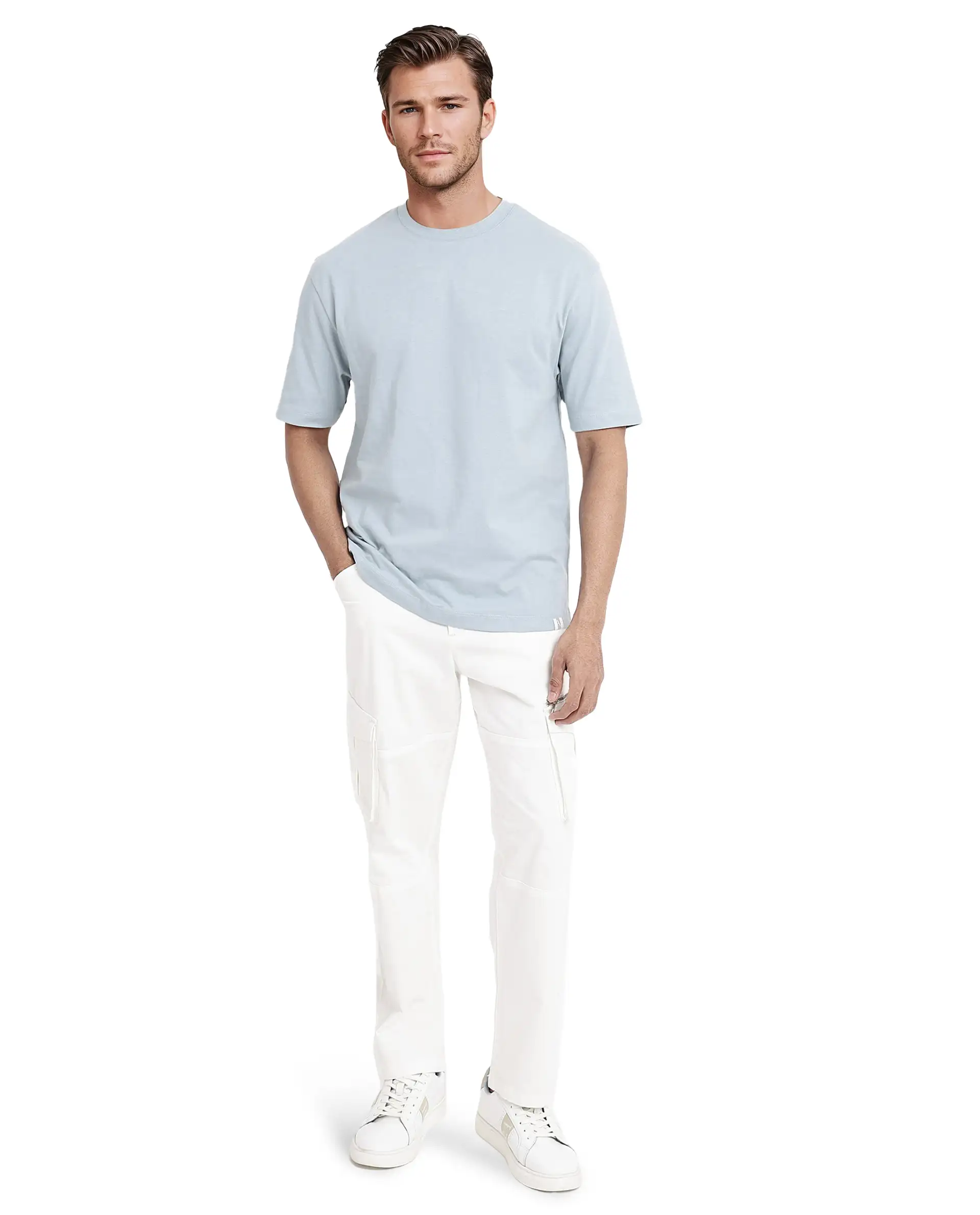Rare Rabbit Men's Noa Light Blue Cotton Graphic Print Oversized Fit Half Sleeve Crew Neck T-Shirt - Image 2