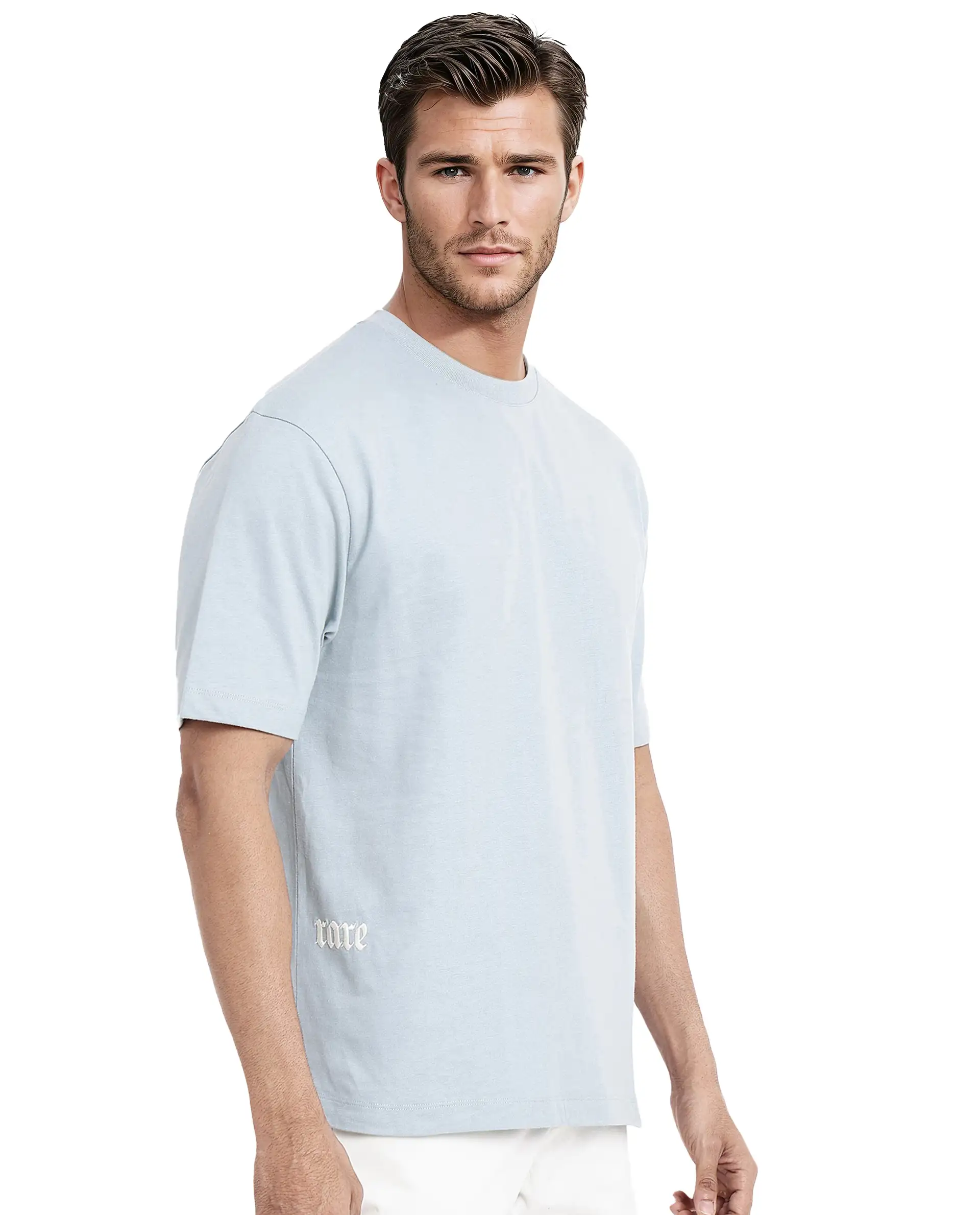 Rare Rabbit Men's Noa Light Blue Cotton Graphic Print Oversized Fit Half Sleeve Crew Neck T-Shirt - Image 5