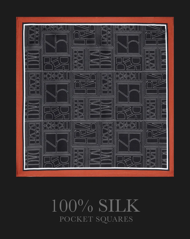 Rare Rabbit Men's Noaa Black Silk Fabric Monogram Print Pocket Square
