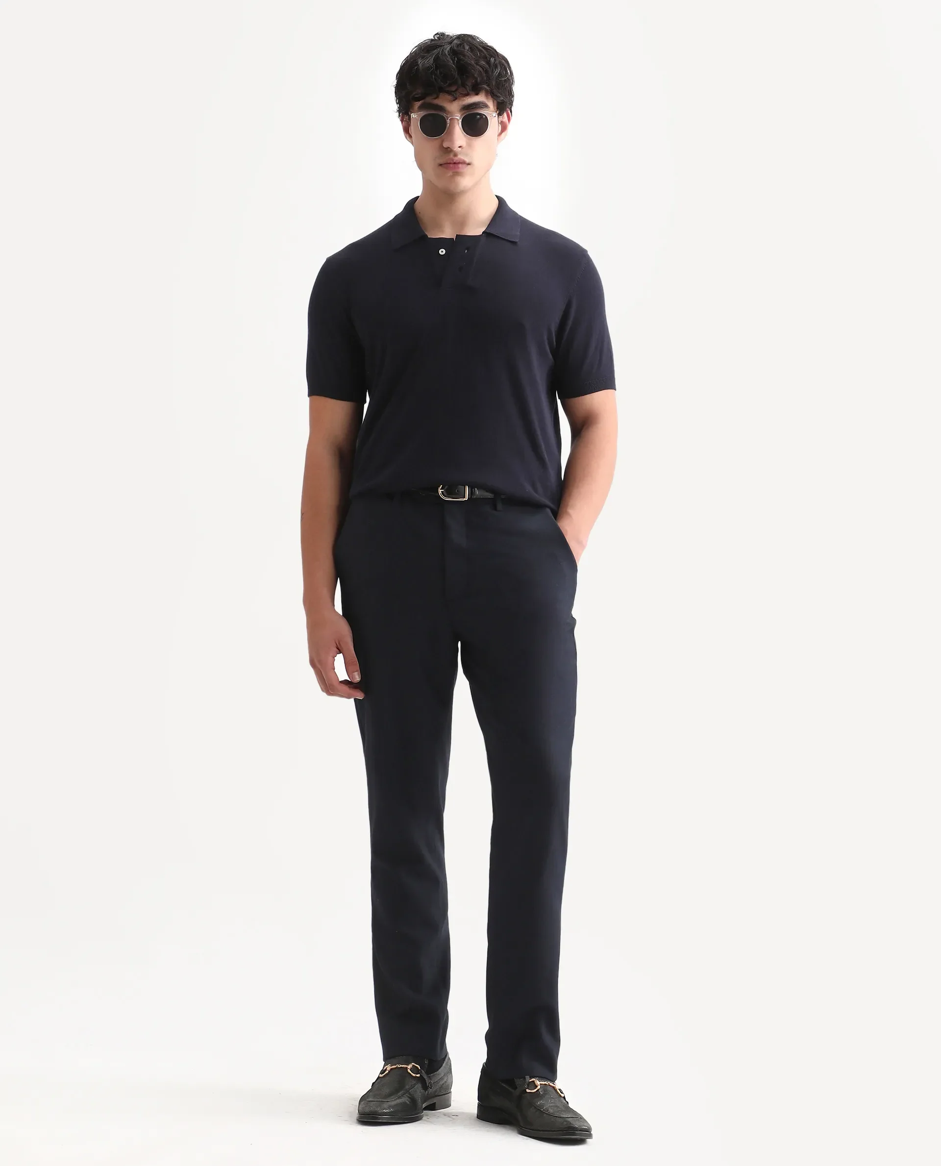 Rare Rabbit Men's Noah Navy Cotton Plain Slim Fit Half Sleeve Polo - Image 2