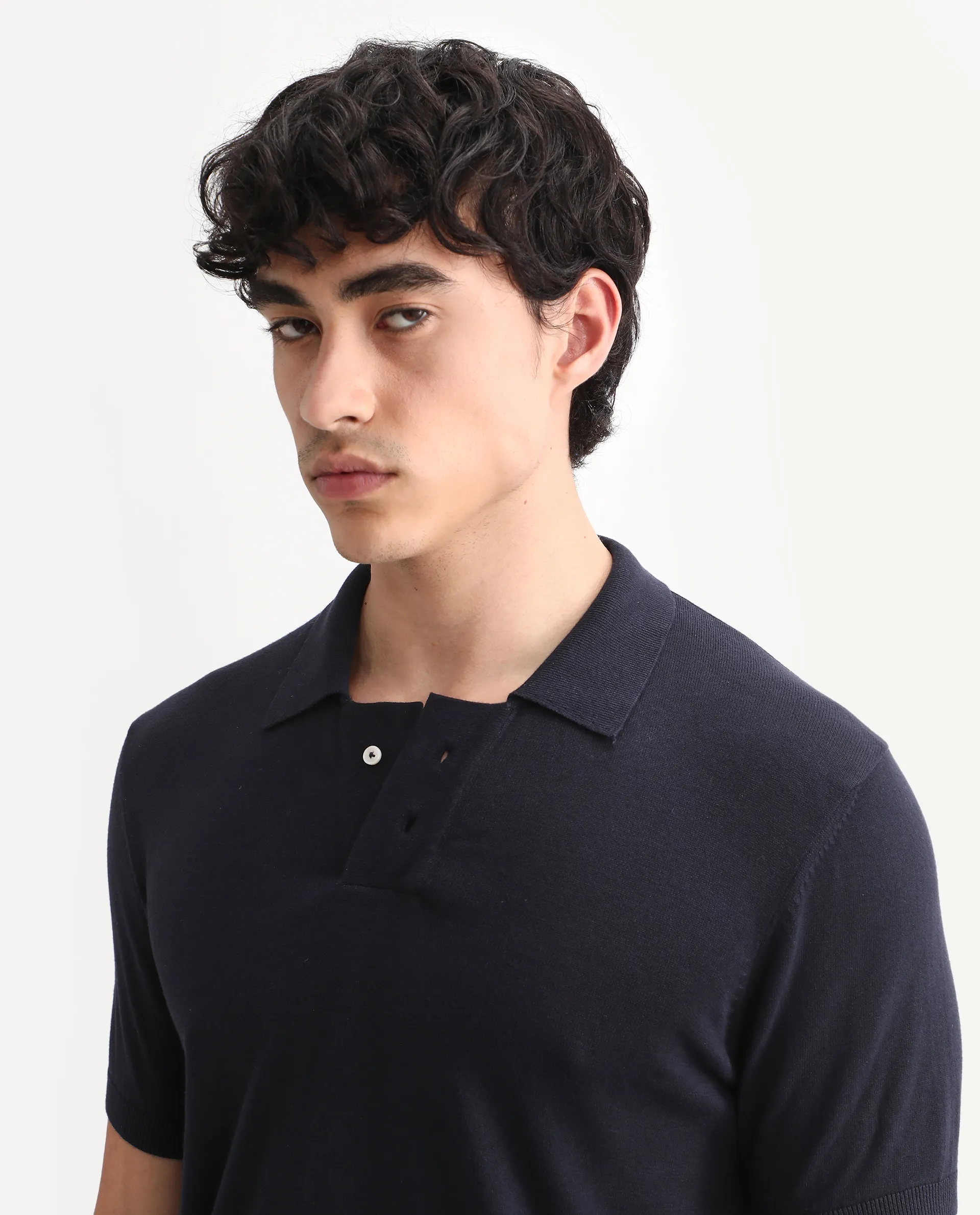 Rare Rabbit Men's Noah Navy Cotton Plain Slim Fit Half Sleeve Polo - Image 3