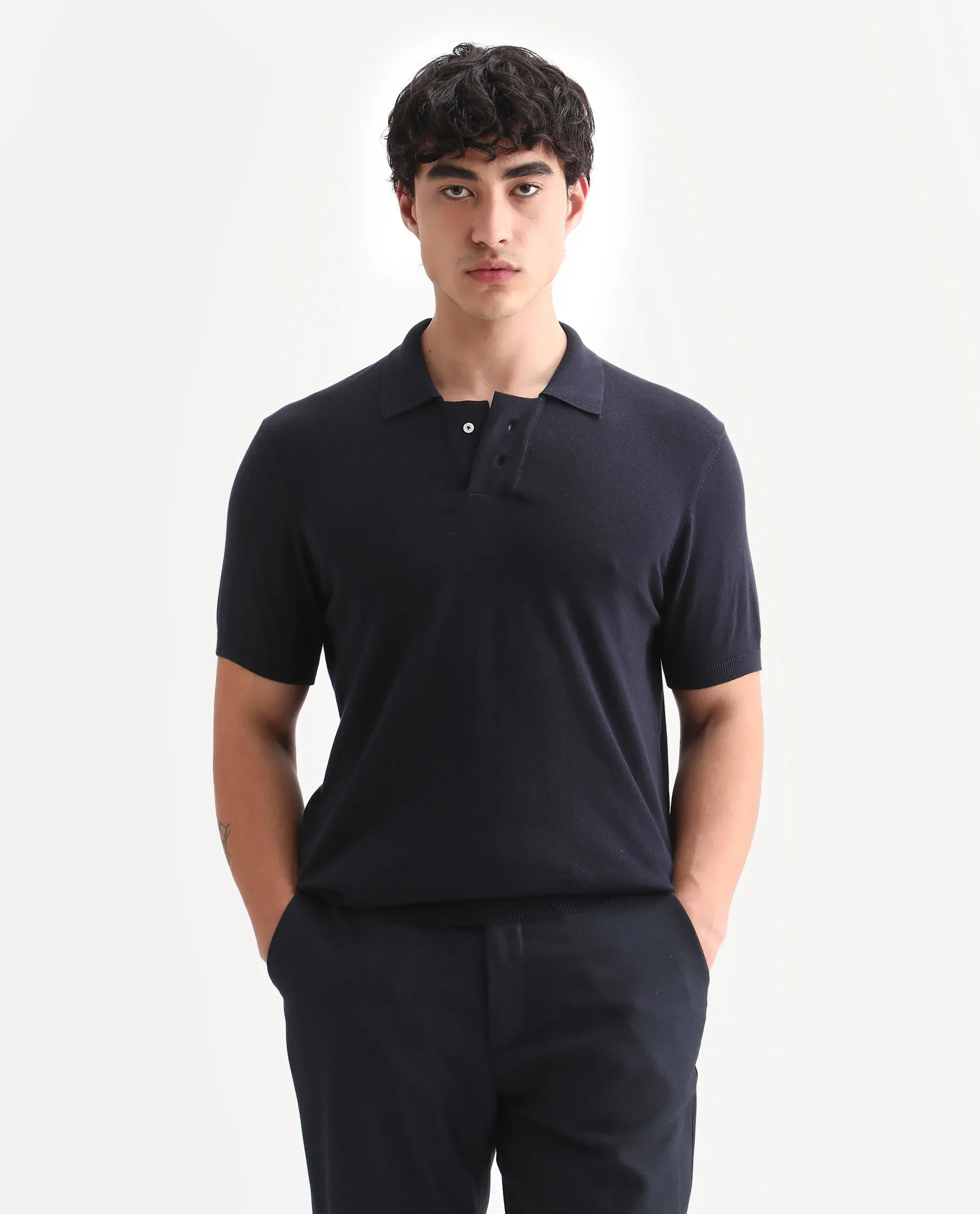 Rare Rabbit Men's Noah Navy Cotton Plain Slim Fit Half Sleeve Polo - Image 4
