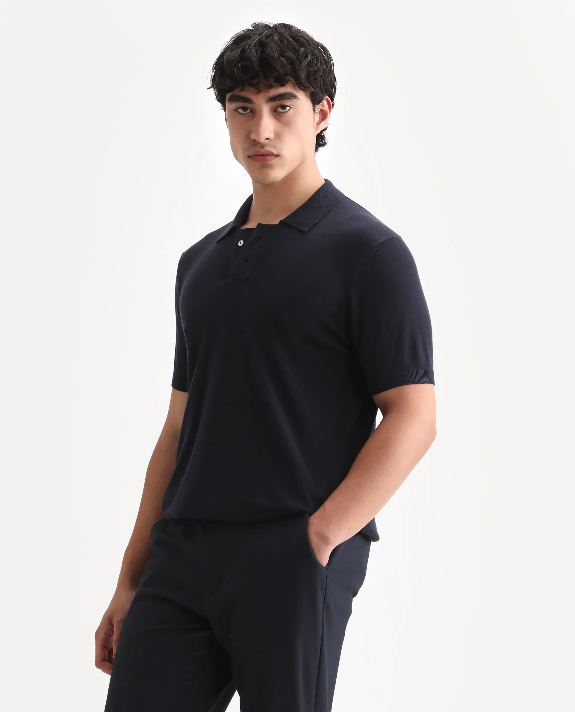 Rare Rabbit Men's Noah Navy Cotton Plain Slim Fit Half Sleeve Polo - Image 5