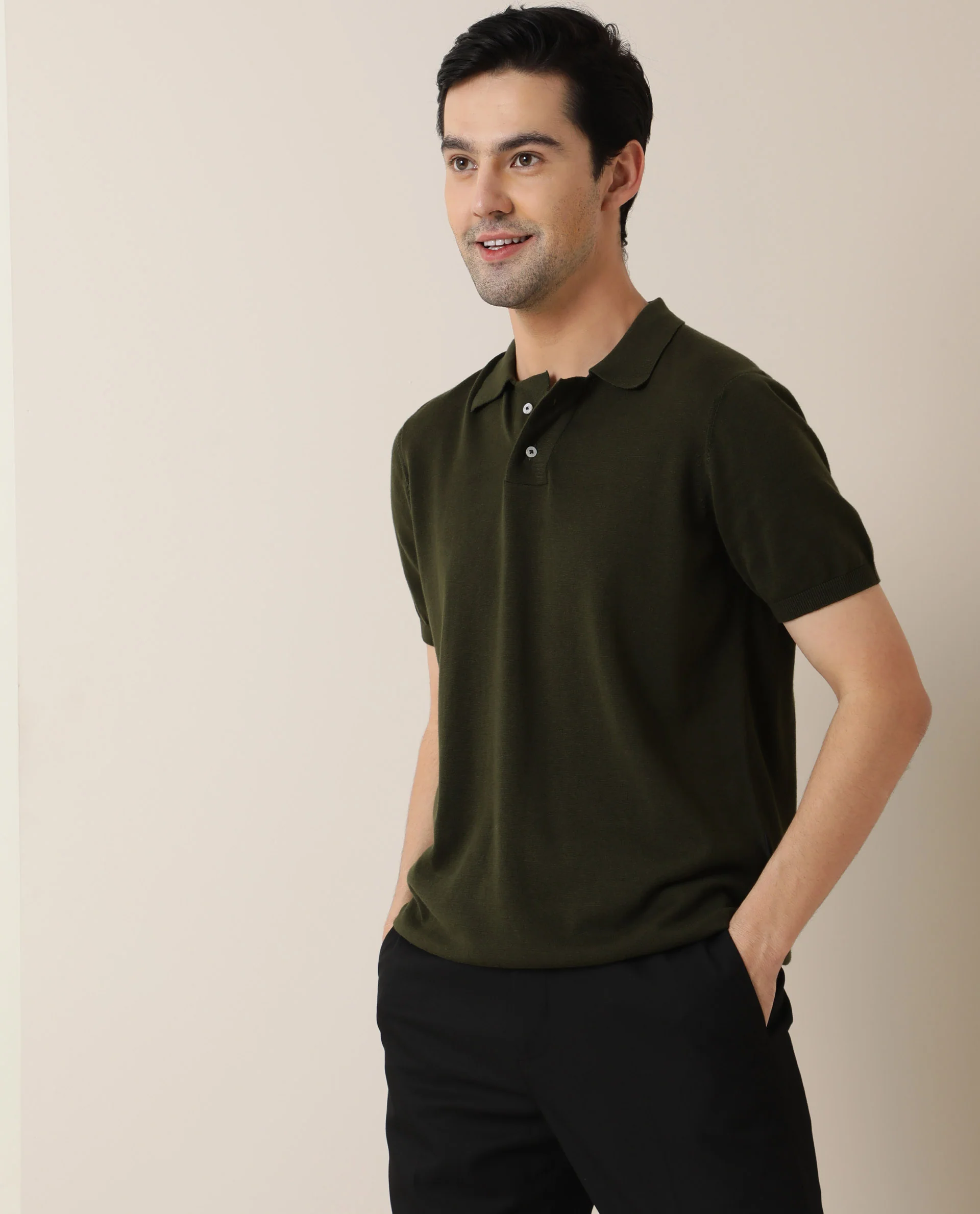 Rare Rabbit Men's Noah Olive Cotton Plain Slim Fit Half Sleeve Polo - Image 3