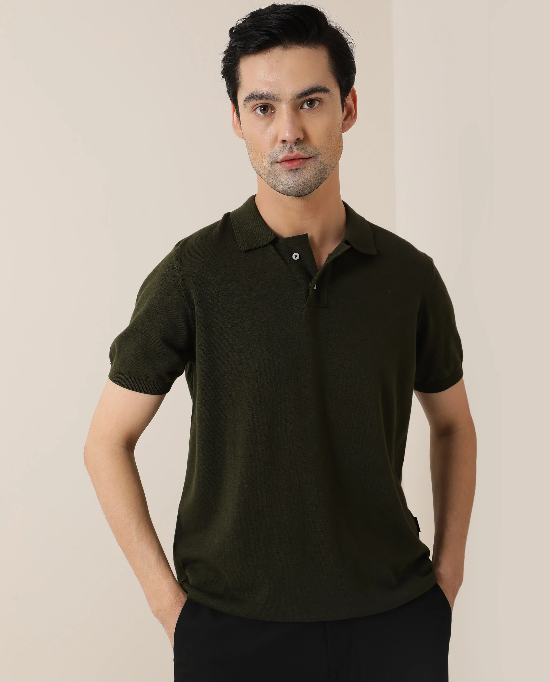 Rare Rabbit Men's Noah Olive Cotton Plain Slim Fit Half Sleeve Polo - Image 4
