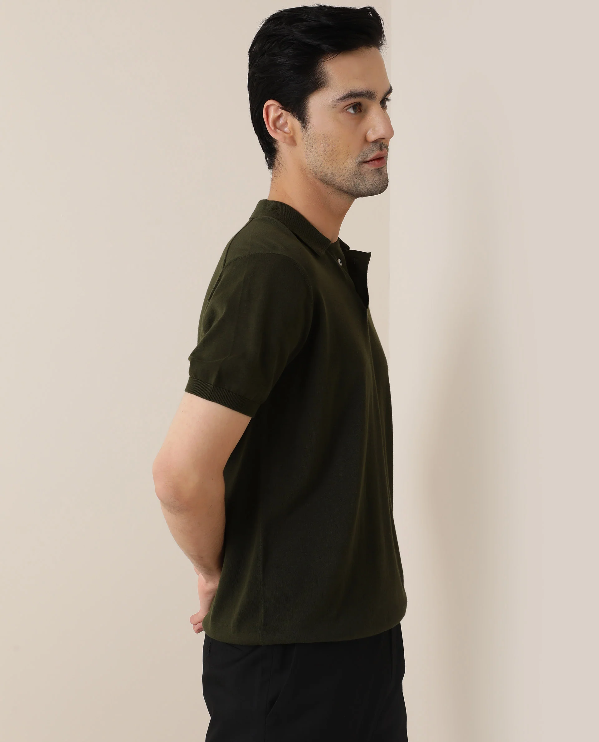 Rare Rabbit Men's Noah Olive Cotton Plain Slim Fit Half Sleeve Polo - Image 5