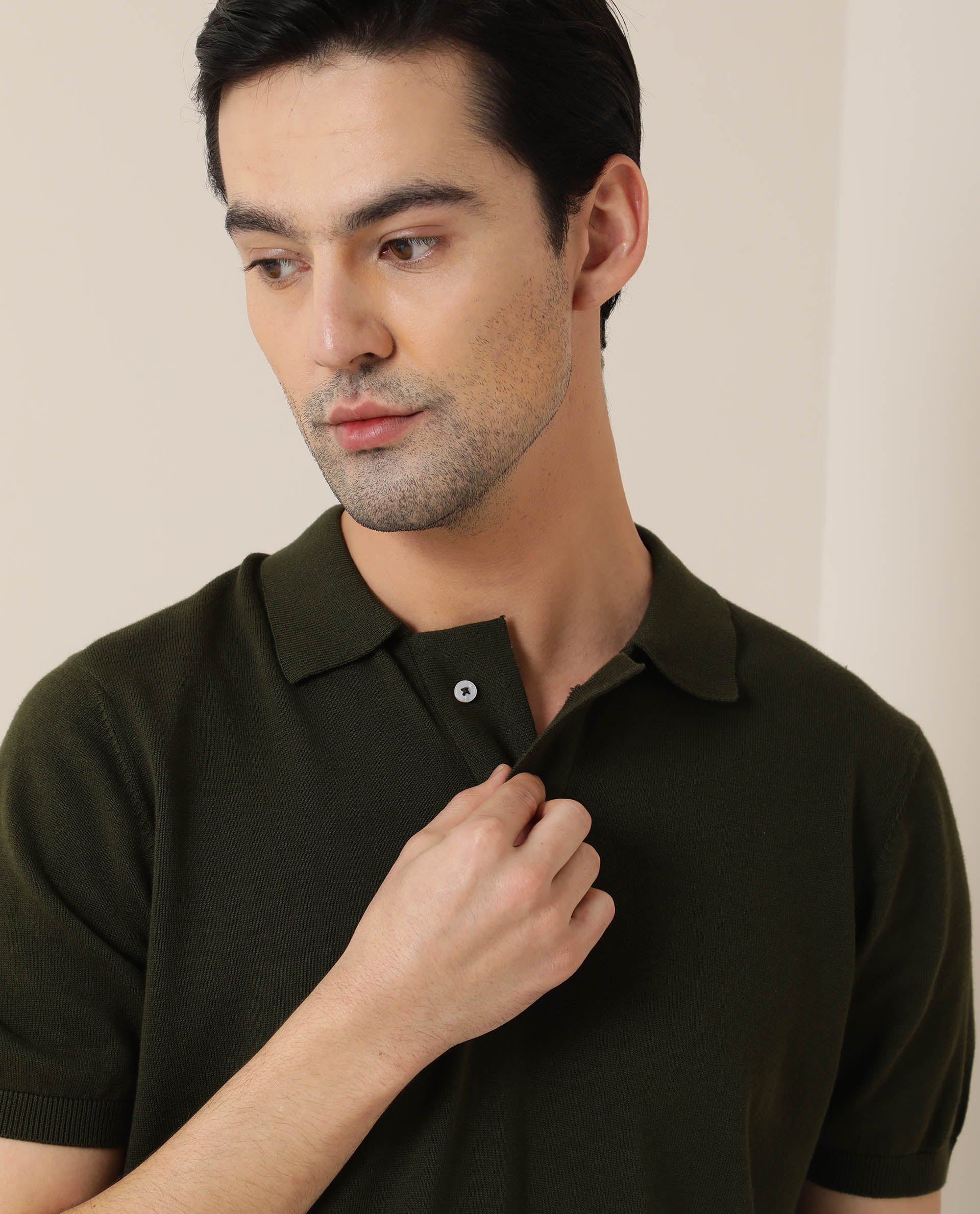 Rare Rabbit Men's Noah Olive Cotton Plain Slim Fit Half Sleeve Polo - Image 6