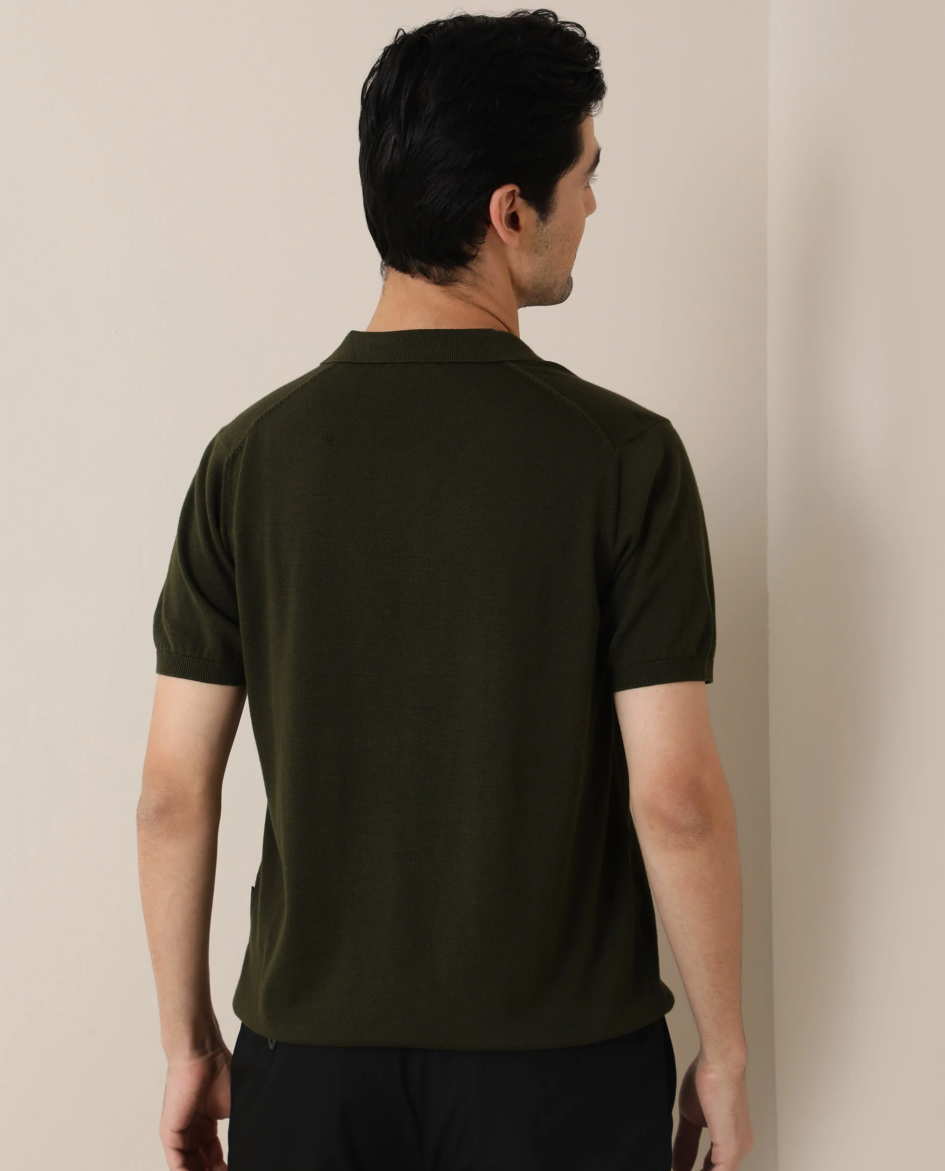 Rare Rabbit Men's Noah Olive Cotton Plain Slim Fit Half Sleeve Polo - Image 7