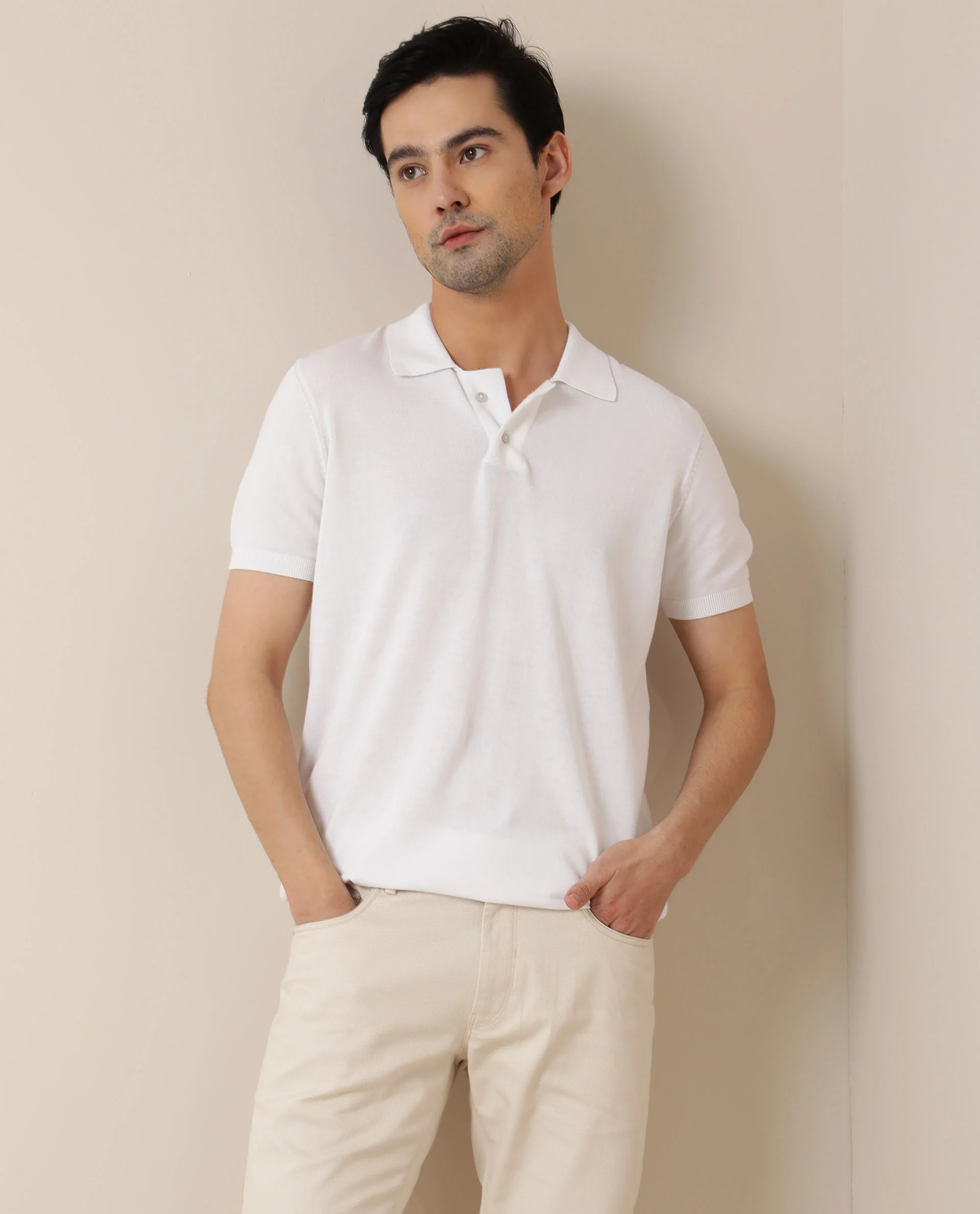 Rare Rabbit Men's Noah White Cotton Plain Slim Fit Half Sleeve Polo