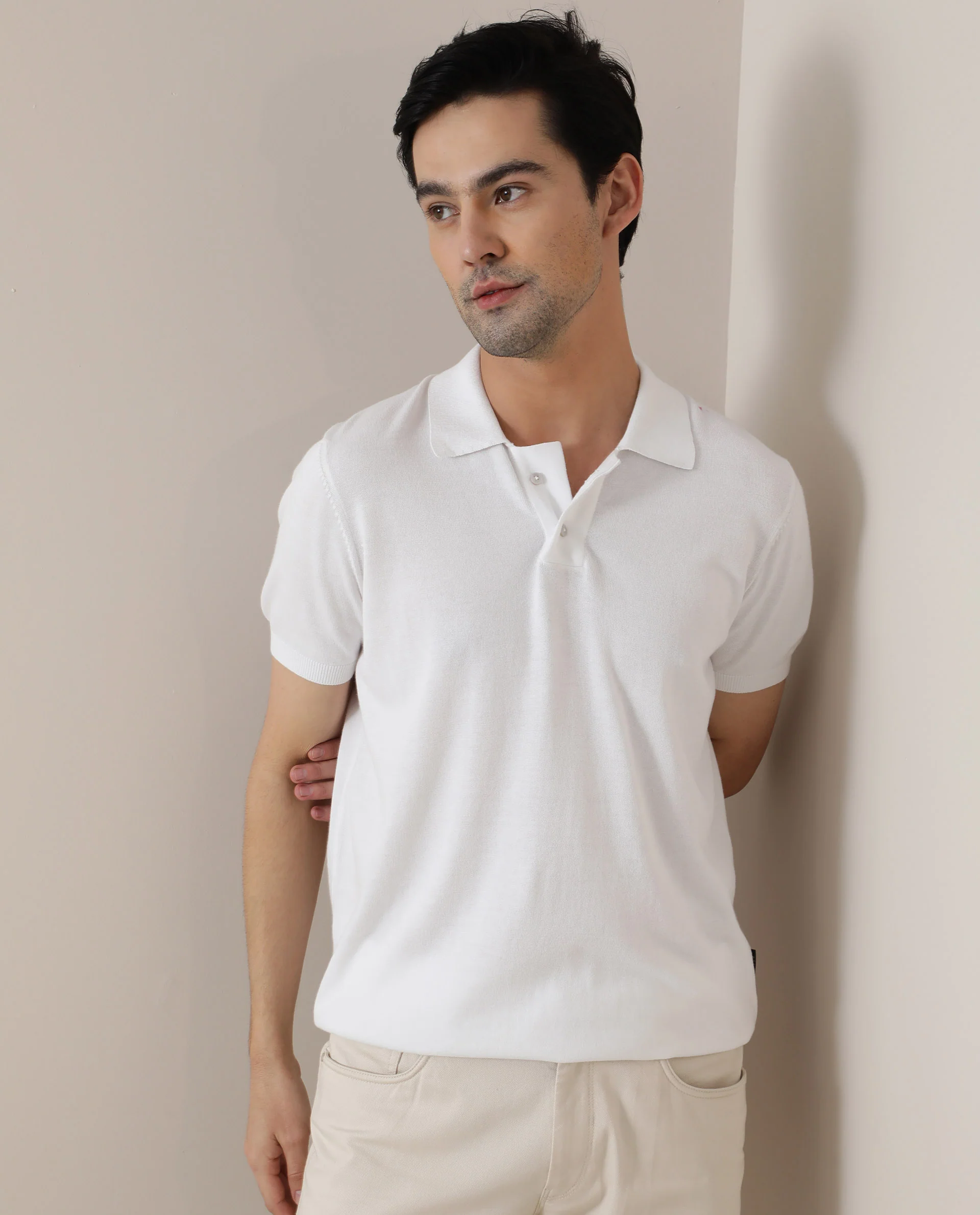 Rare Rabbit Men's Noah White Cotton Plain Slim Fit Half Sleeve Polo - Image 2