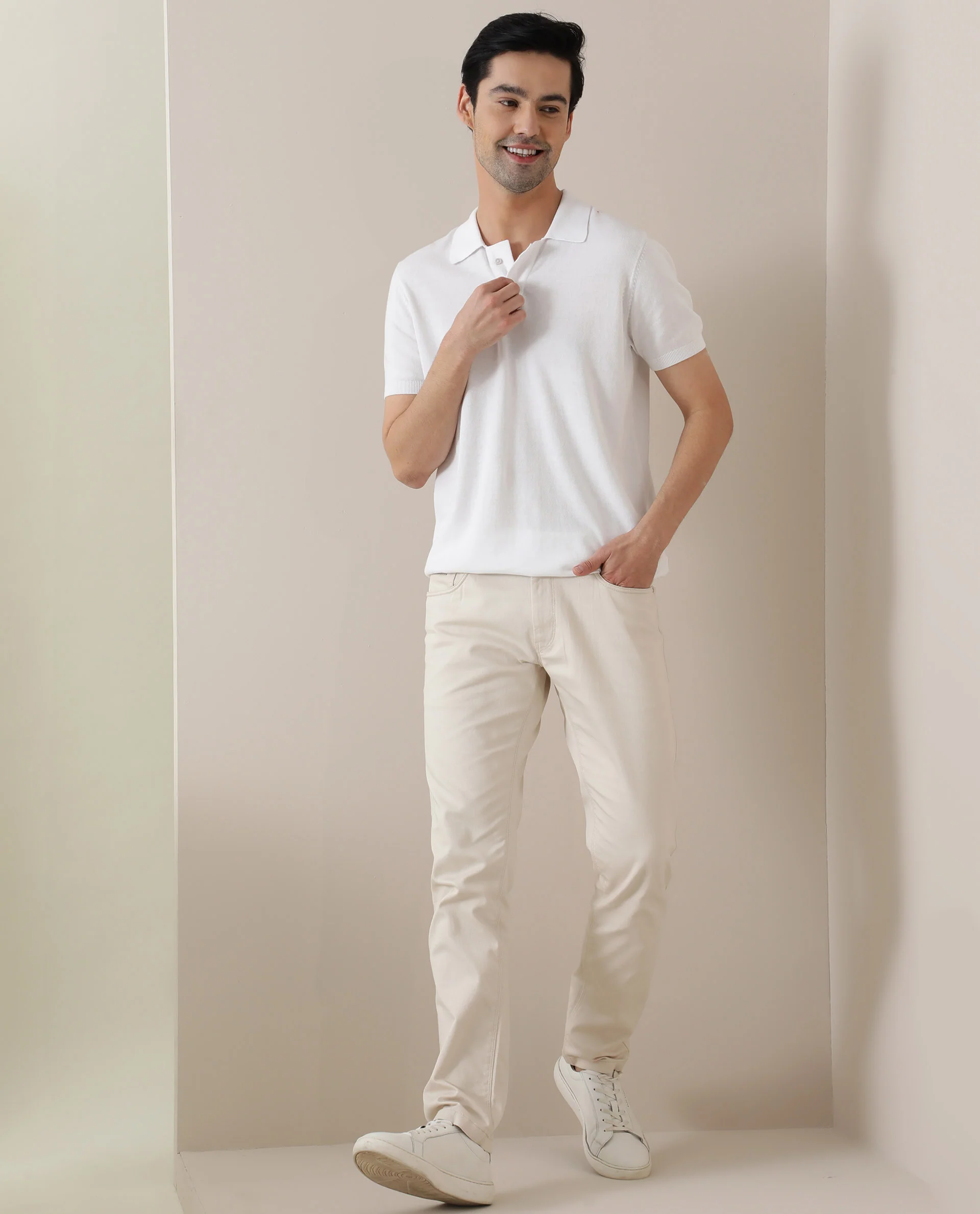 Rare Rabbit Men's Noah White Cotton Plain Slim Fit Half Sleeve Polo - Image 3